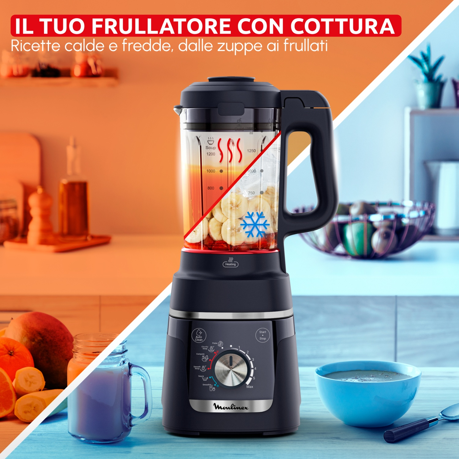 Un frullatore Moulinex nero con boccale in vetro, pieno di banane e fragole.