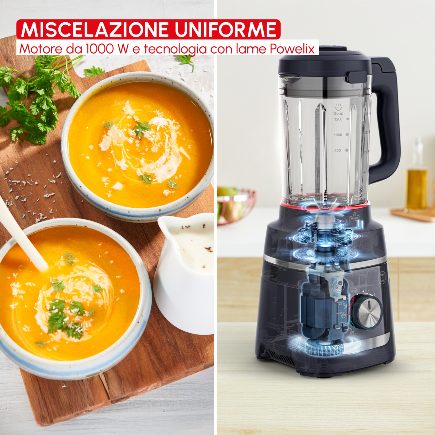 Ciotole di zuppa arancione e un frullatore con vista interna.