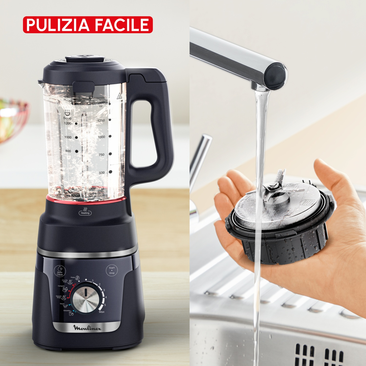 Un frullatore e un gruppo lame amovibile puliti sotto acqua corrente.