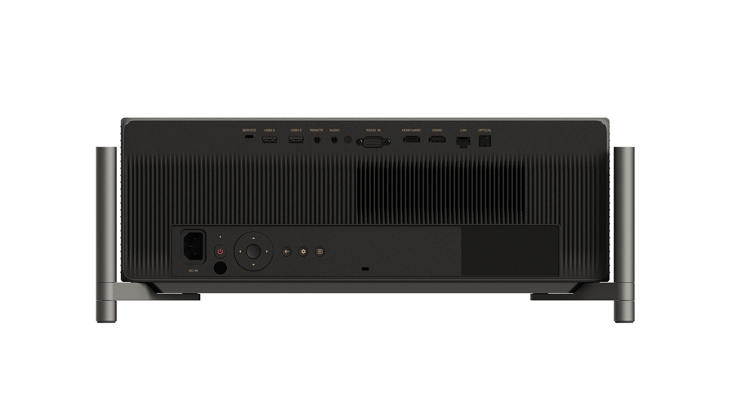 Koyu renkli projektörün arkası: AC-IN, USB, HDMI, LAN, optik.