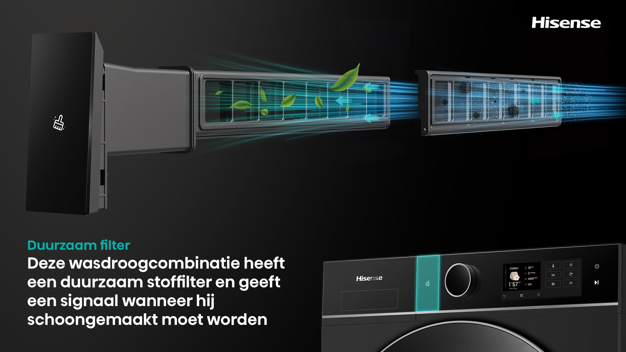 Een drogerfilter met groene bladeren en luchtstroom, met een wasmachine.