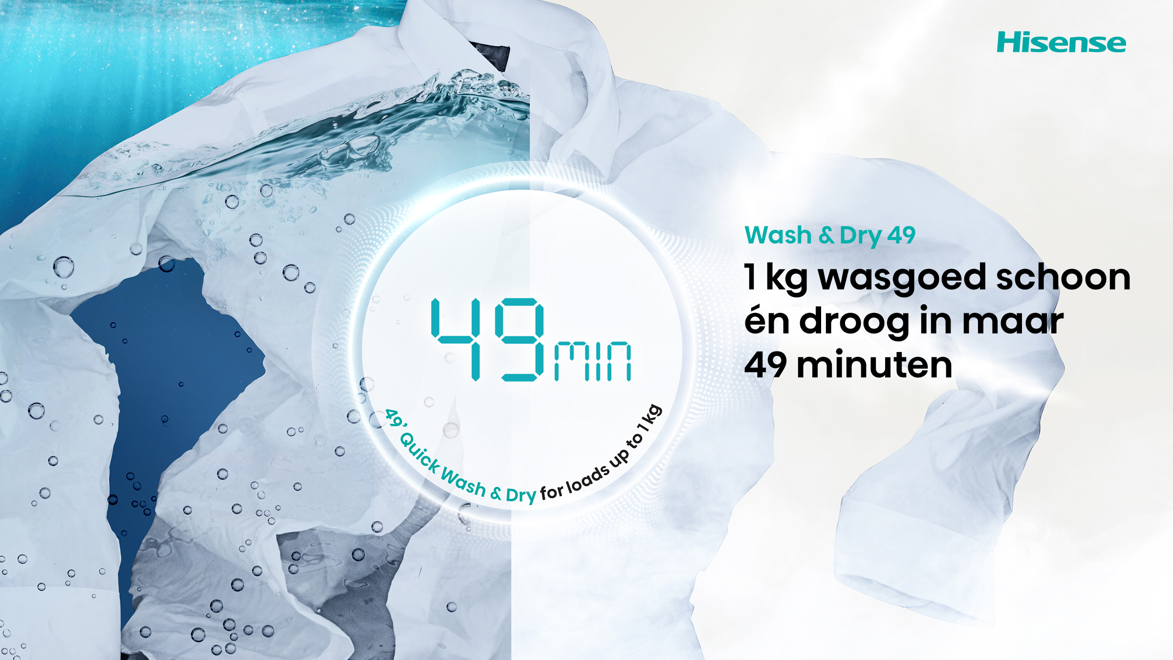 Een wit hemd wordt in 49 minuten gewassen en gedroogd. "Hisense" logo rechtsboven.