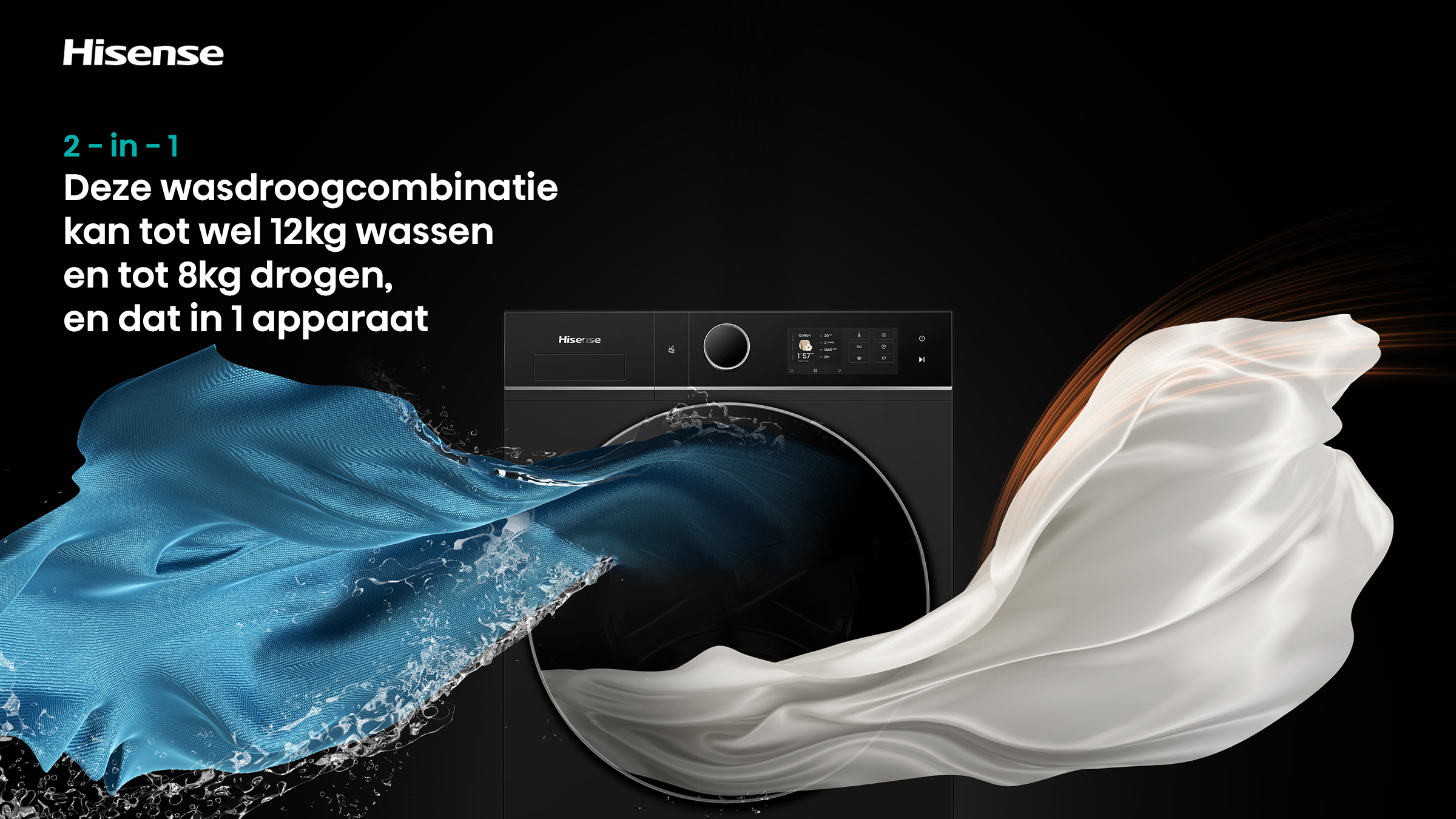 Een zwarte was-droogcombinatie met blauwe en witte stoffen die eromheen wervelen.