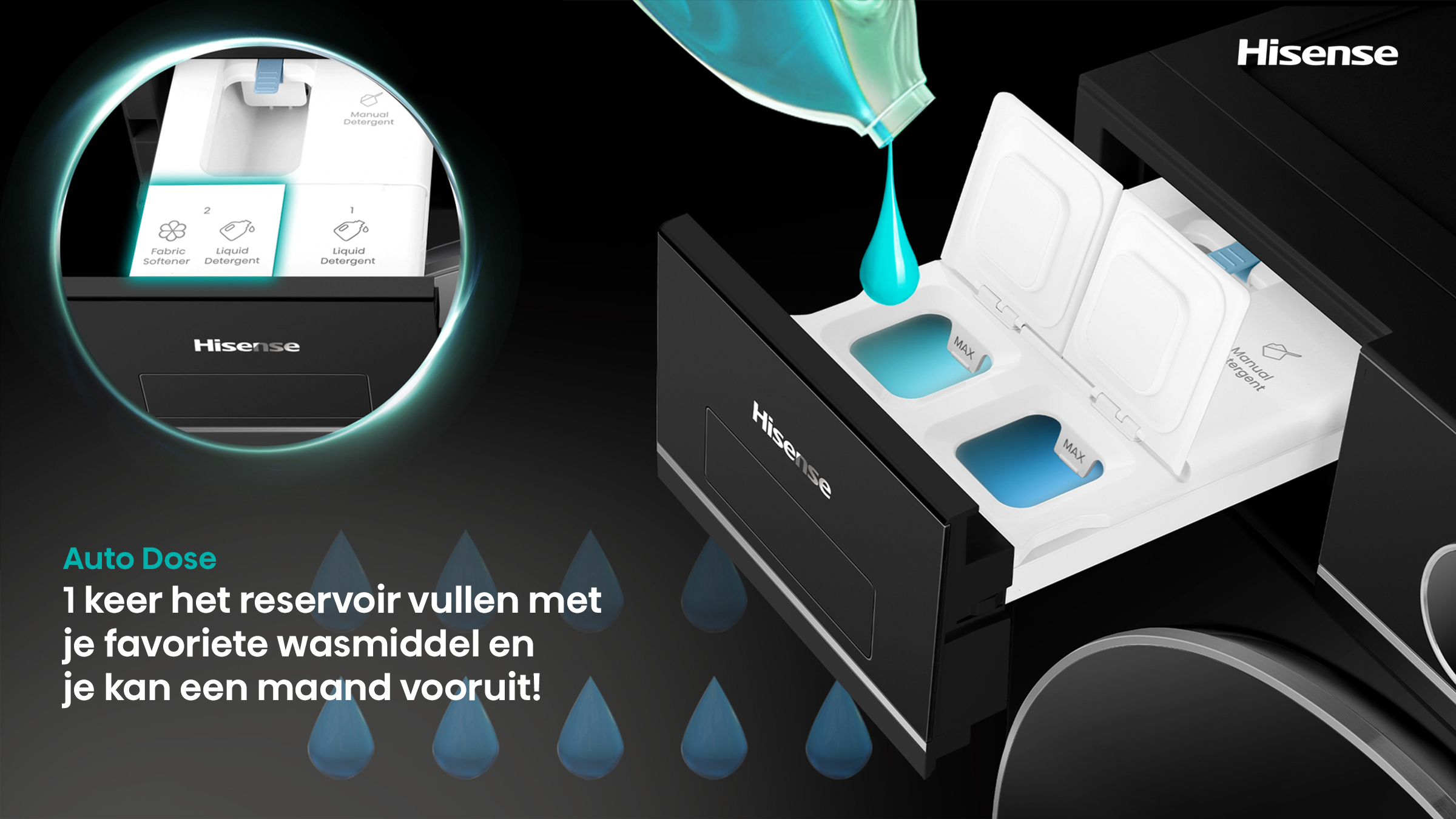 Hisense wasmiddeldispenser met automatisch doseersysteem, vloeistof wordt ingegoten.