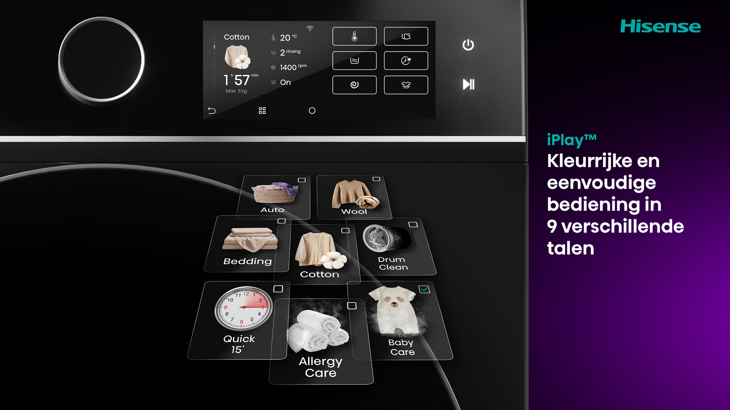 Wasmachine met touchscreen bedieningspaneel met diverse wasprogramma's.