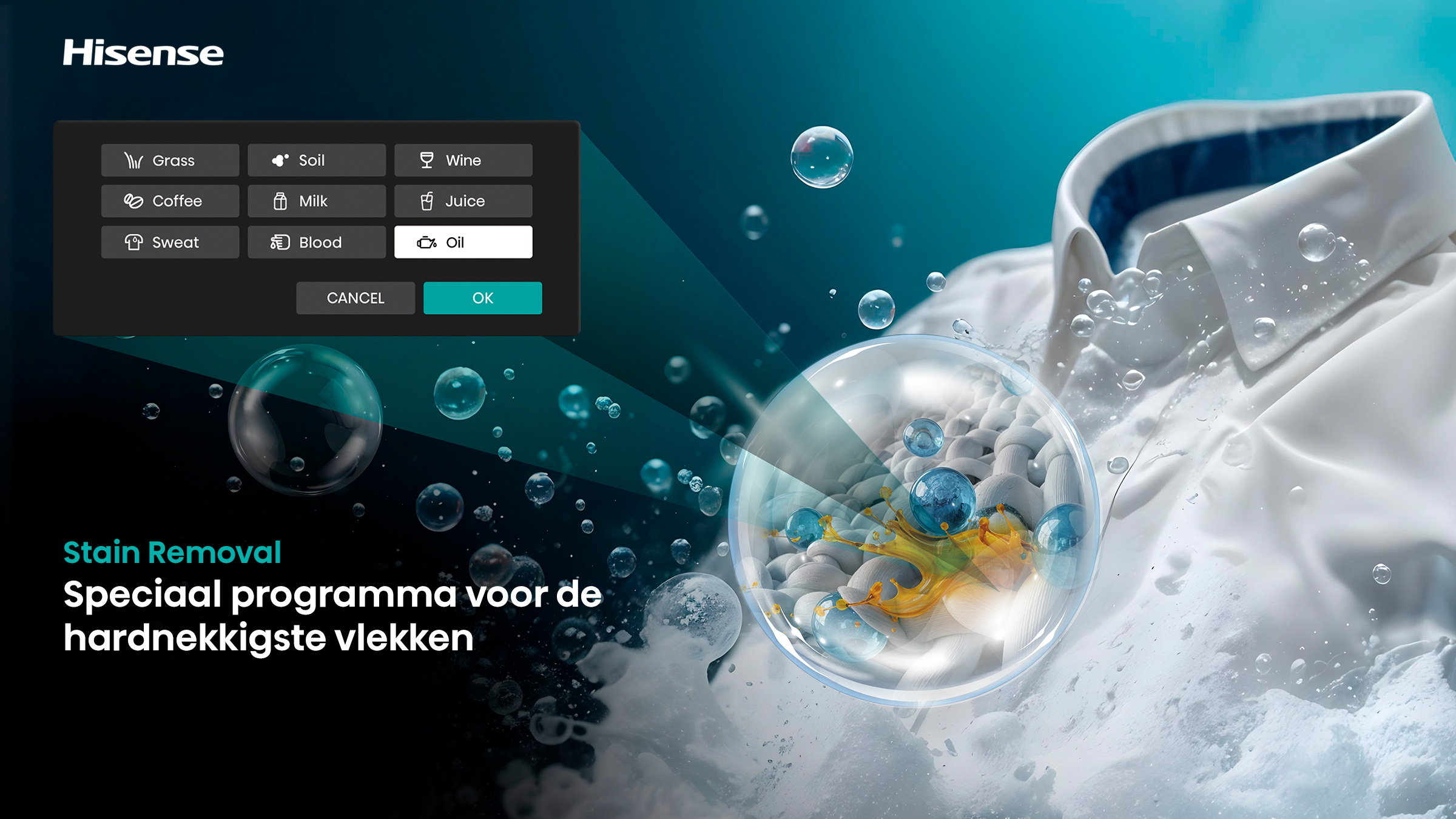 Hisense vlekverwijderaar app met opties: Gras, Aarde, Wijn, Koffie, Melk, Sap, Zweet, Bloed, Olie.