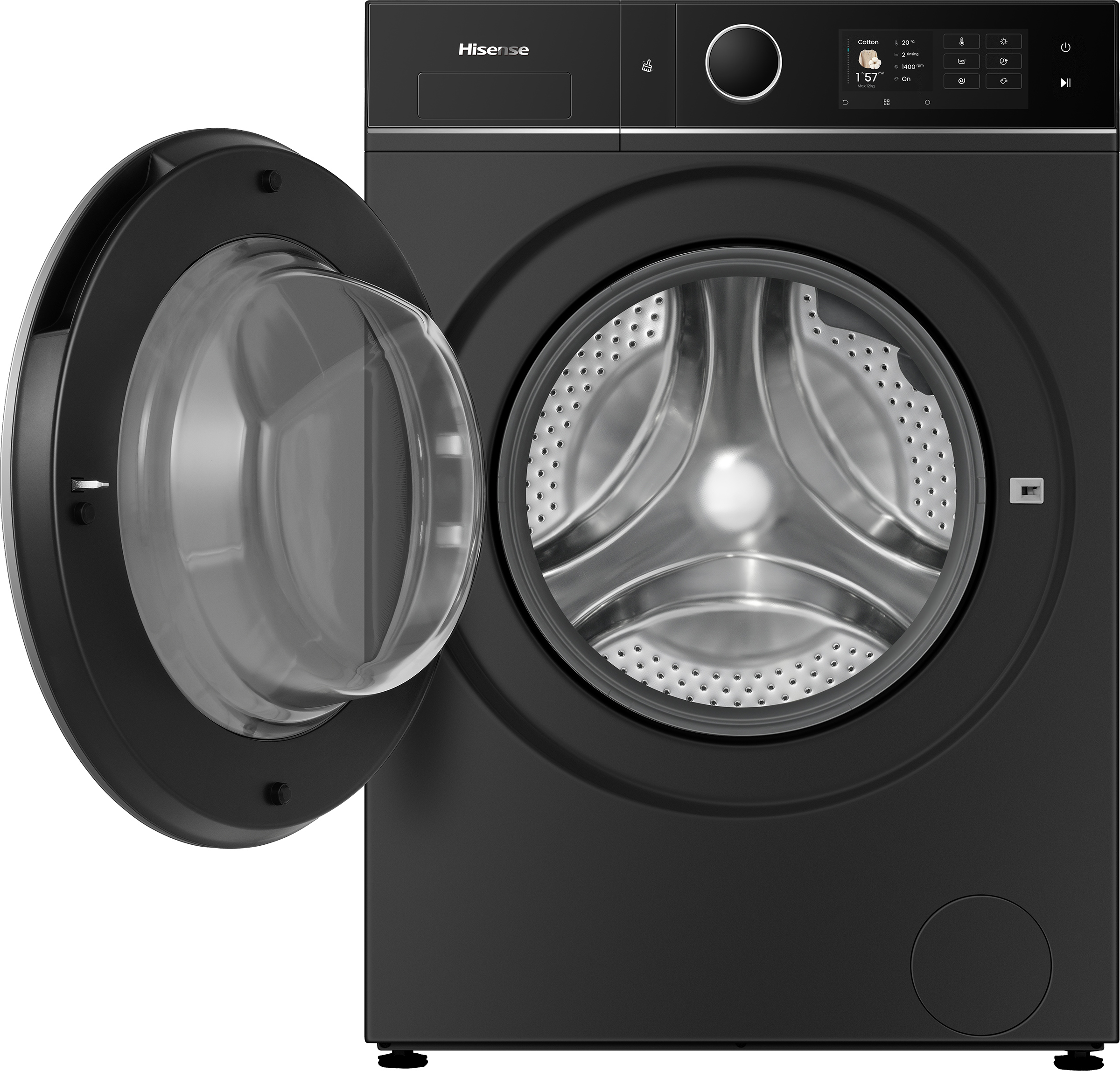 Zwarte wasmachine met geopende deur en zichtbare trommel. Bedieningspaneel met display.