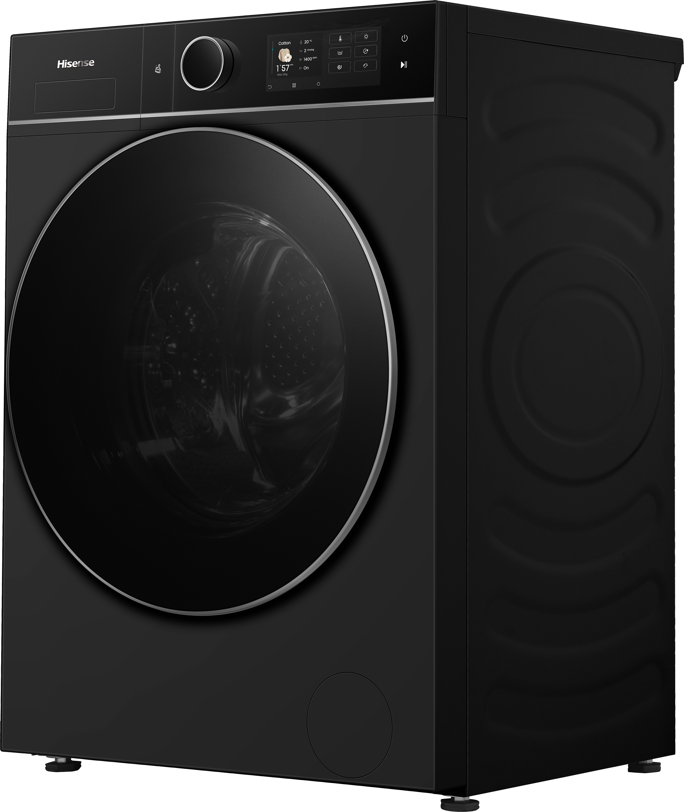 Zwarte wasmachine met een groot rond deurtje en digitaal display boven.