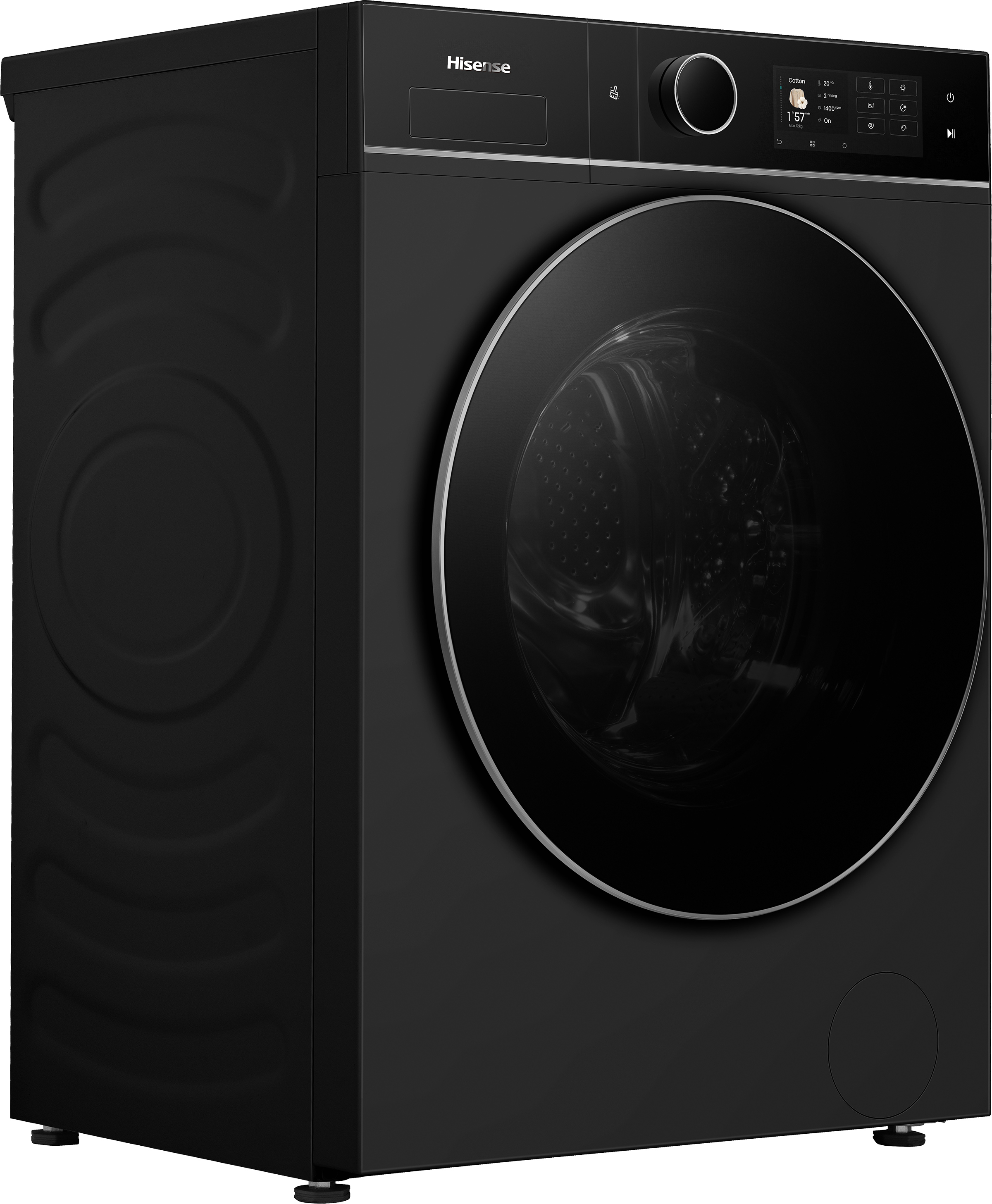 Zwarte Hisense wasmachine met digitaal display en ronde deur.