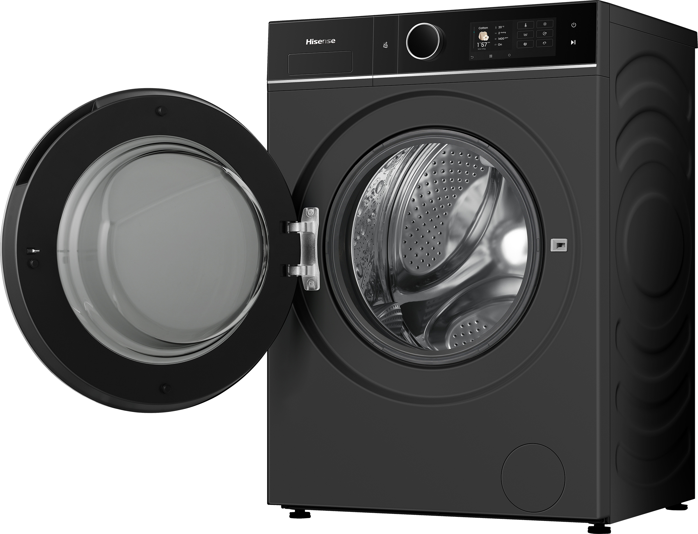 Zwarte wasmachine met open deur en digitaal display.
