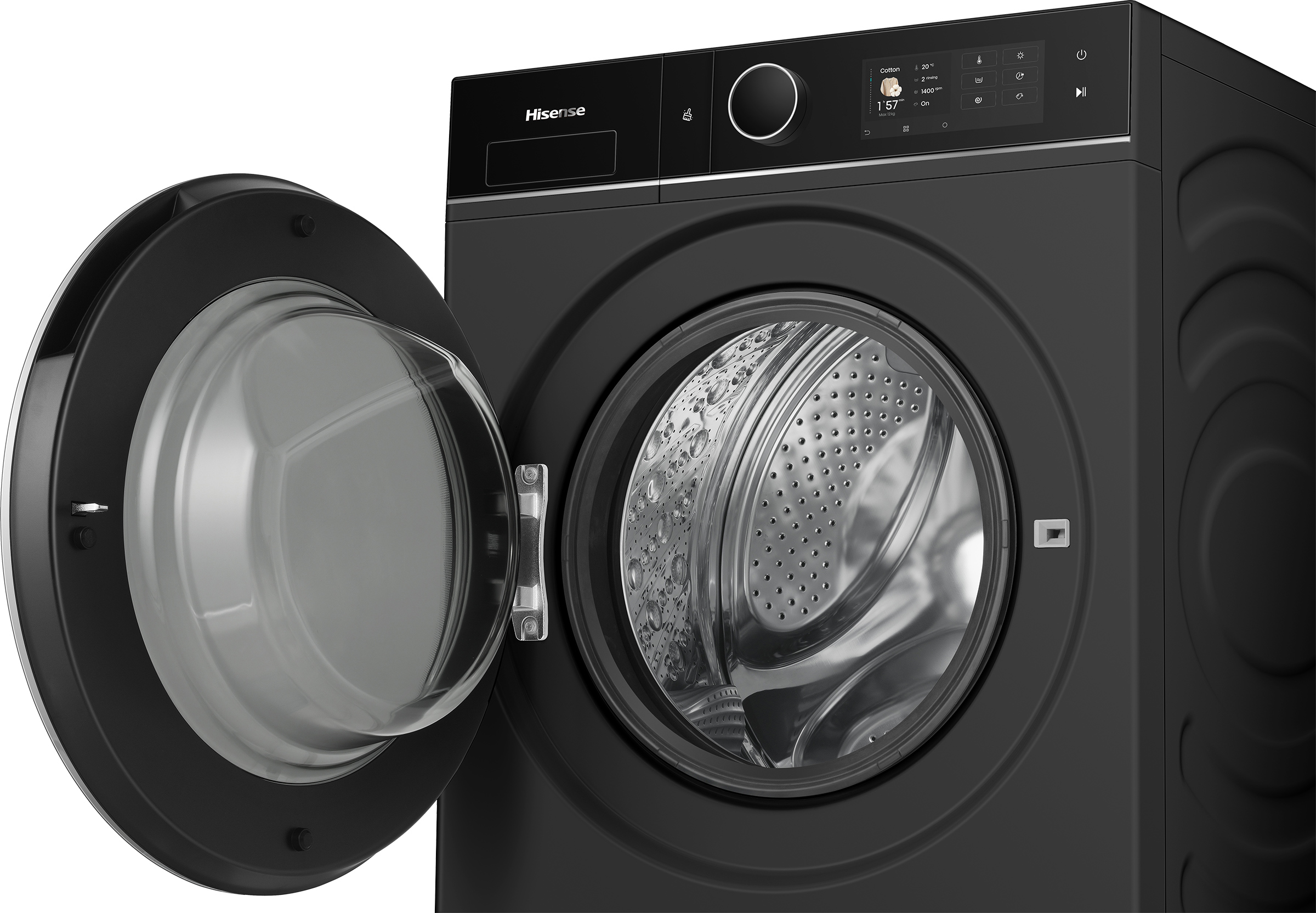 Zwarte wasmachine met open deur en digitaal display.