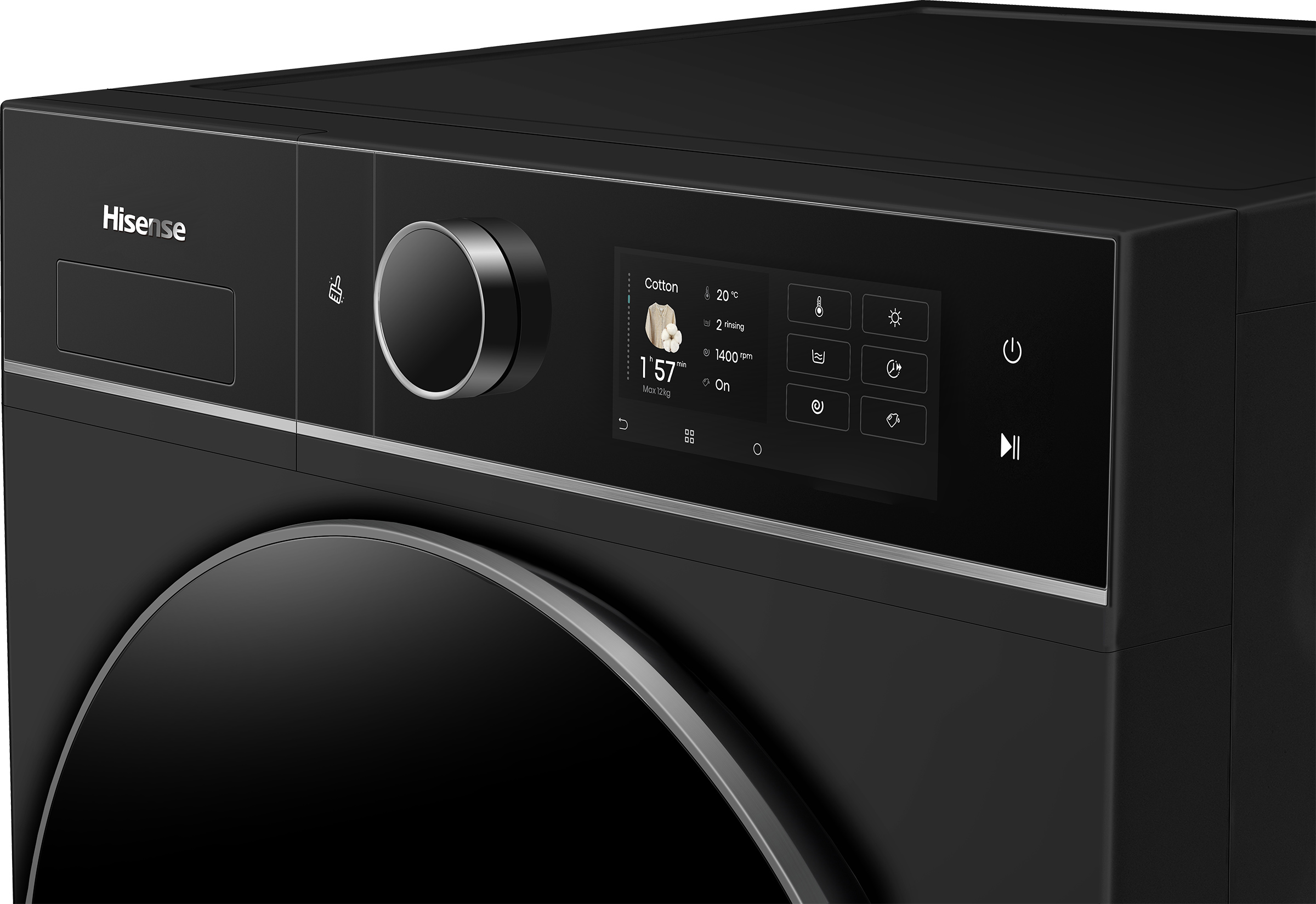 Zwarte Hisense wasmachine met touchscreen display dat het katoenprogramma toont.