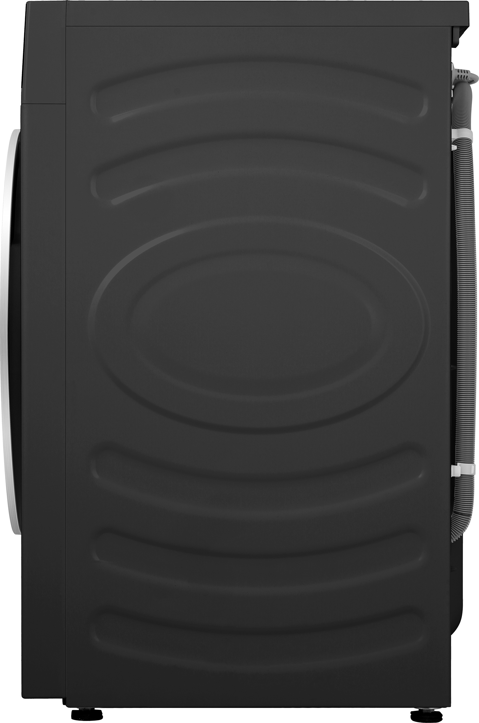 Zwarte wasmachine met geribbelde zijkant en slangkoppeling.