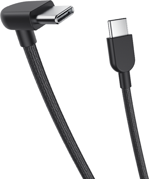Fekete USB-C kábel 90 fokos szögletes csatlakozóval és fonott kábellel.