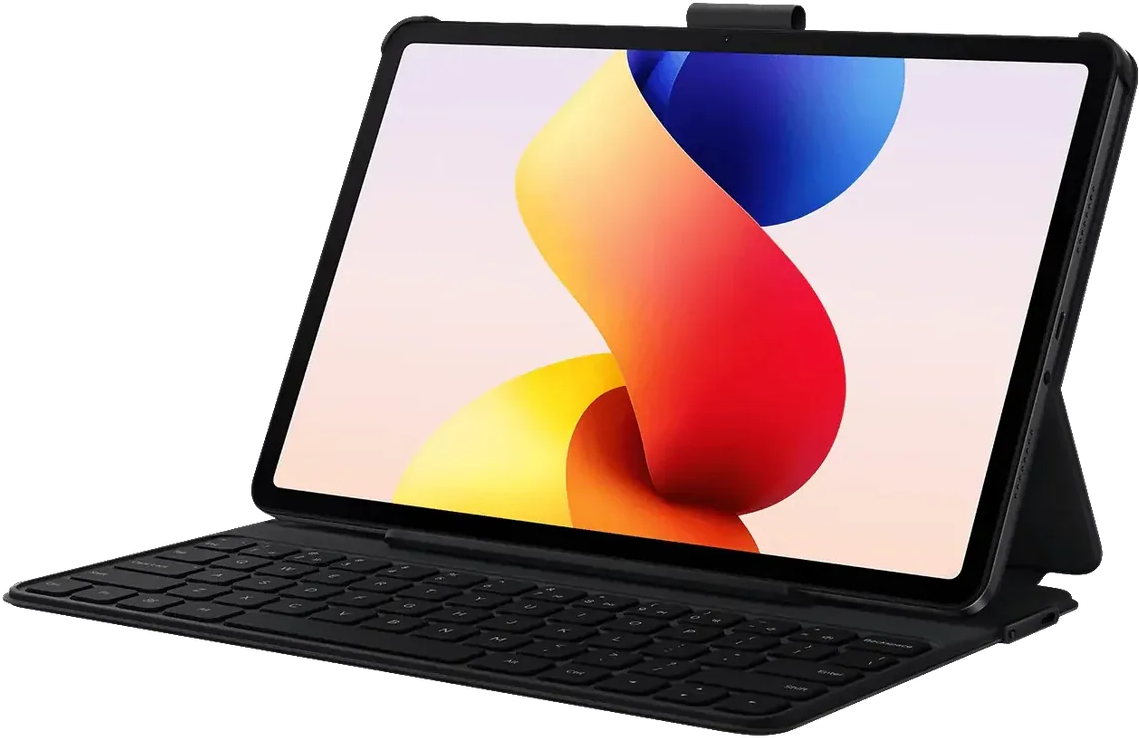 Egy fekete tablet billentyűzettel és színes háttérképpel.