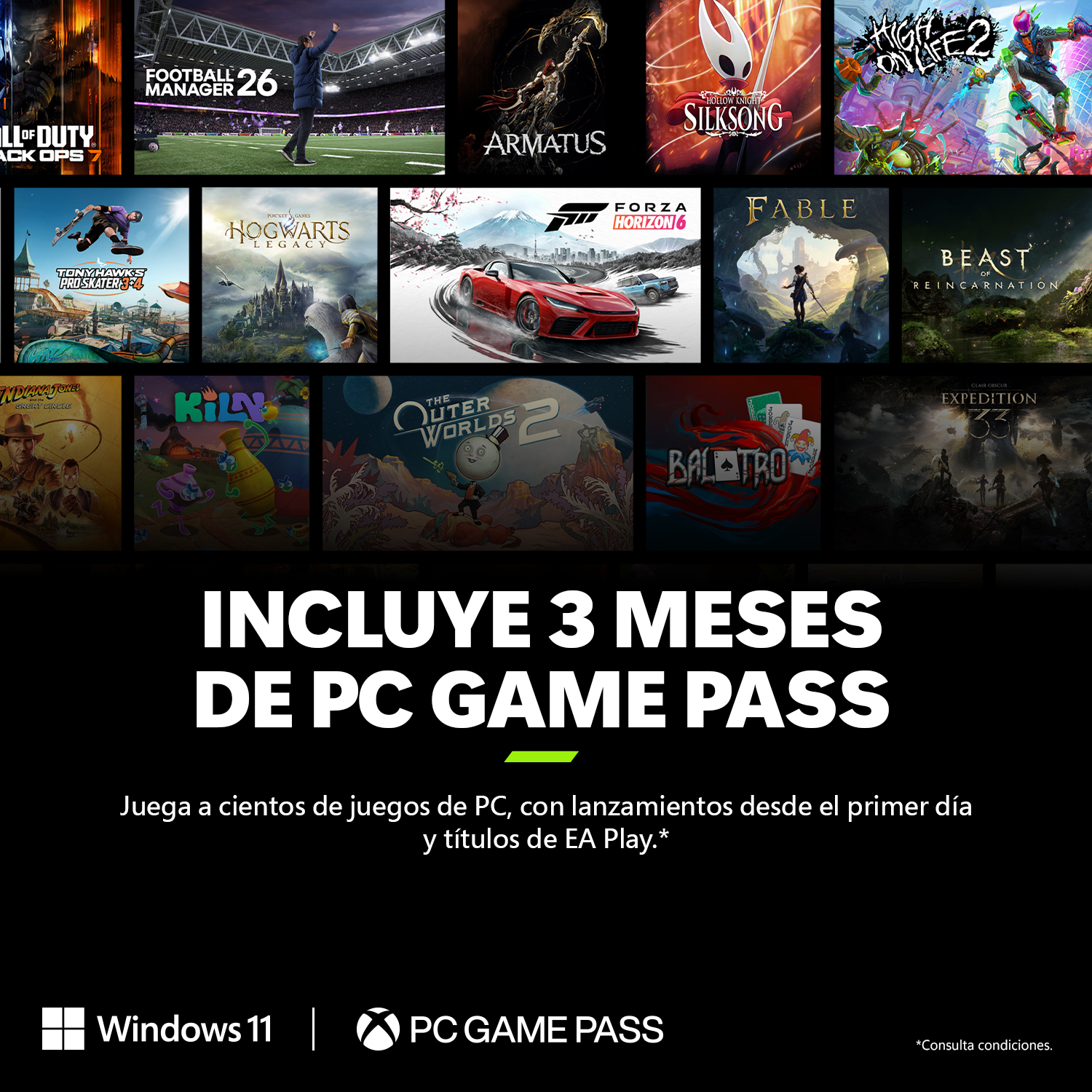 Collage de portadas de videojuegos con texto '3 Meses PC Game Pass'.