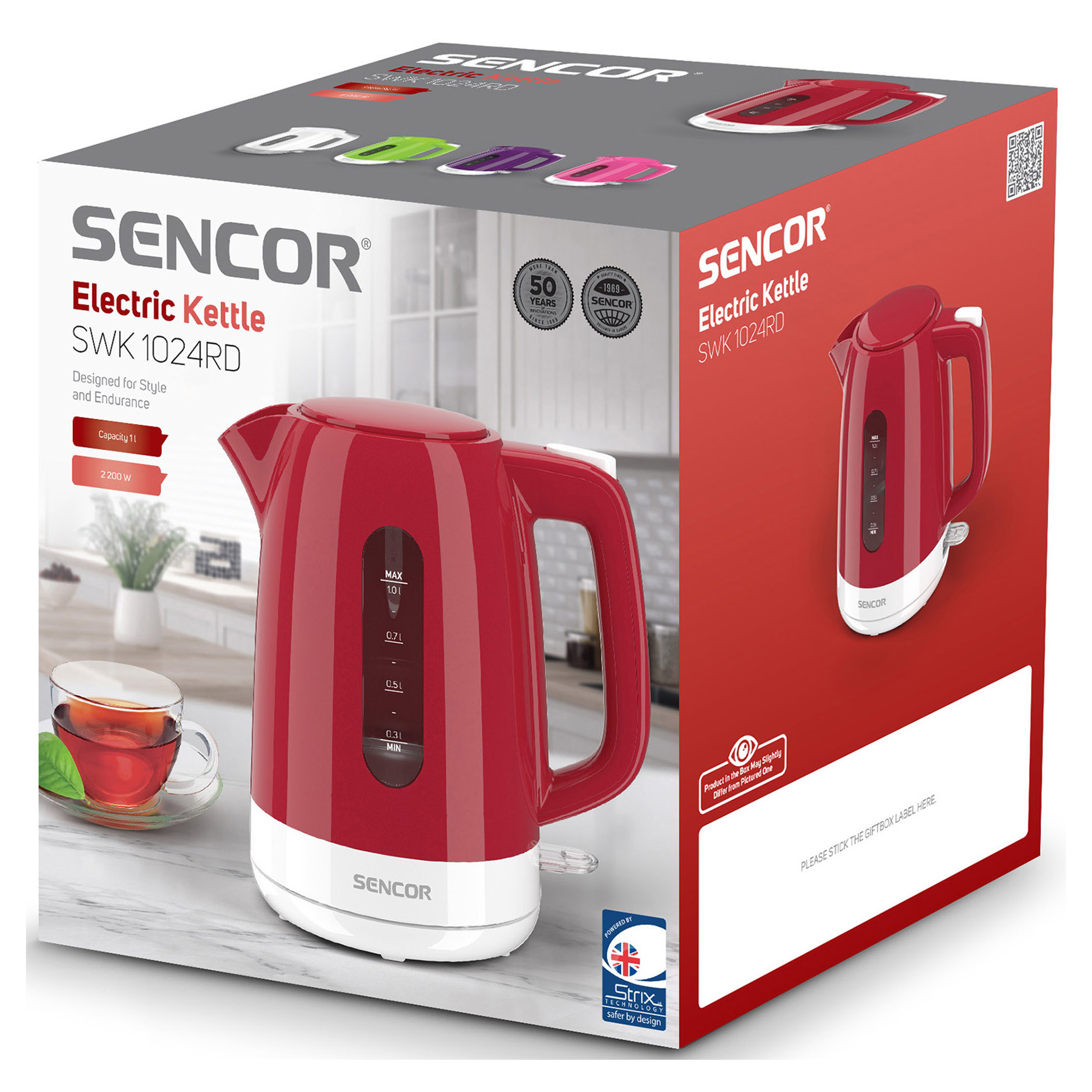 Piros SENCOR SWK 1024RD elektromos vízforraló fehér díszítéssel és vízszintjelzővel.