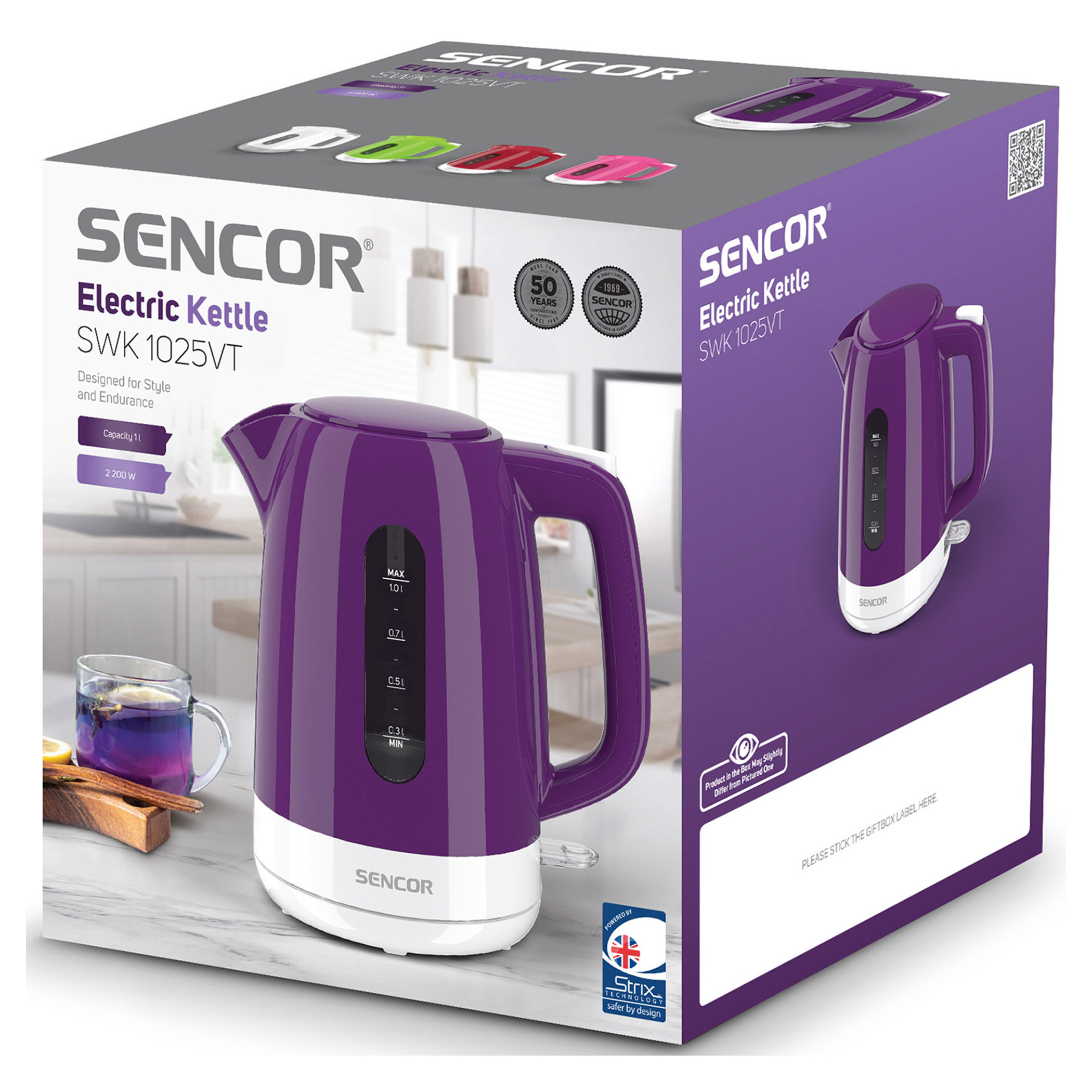 Lila SENCOR SWK 1025VT elektromos vízforraló fehér talppal és fogantyúval.