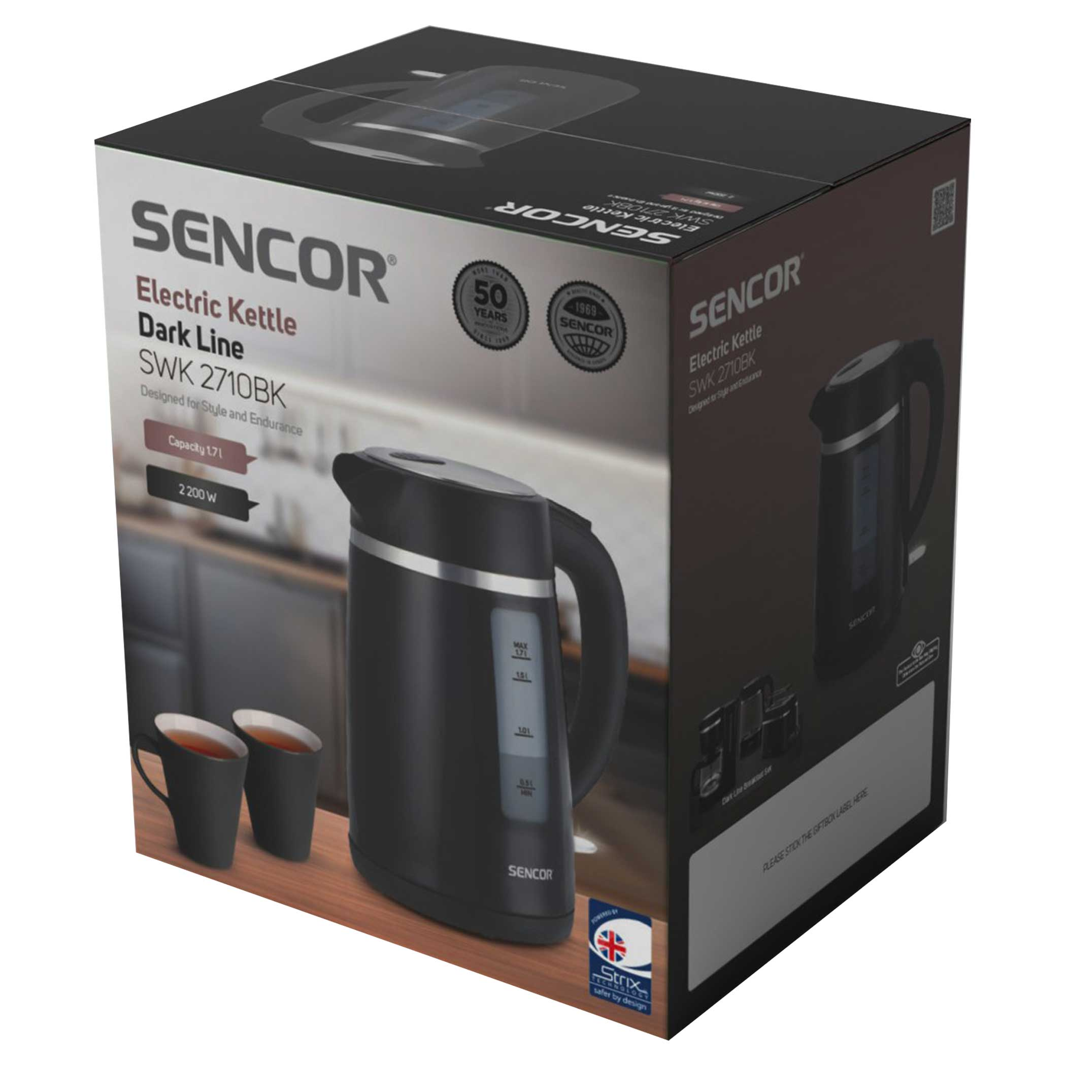 Fekete Sencor SWK 2710BK elektromos vízforraló csomagoláson, csészékkel.