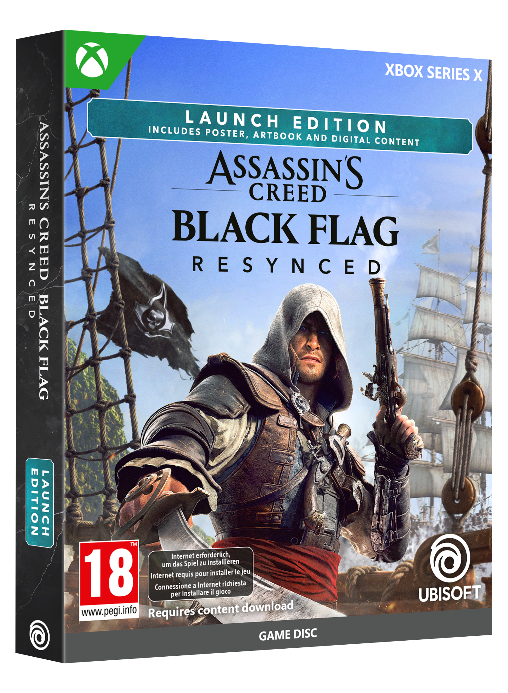 Ein Pirat mit Kapuze hält eine Pistole vor Segelschiffen. Enthält "Assassin's Creed: Black Flag".