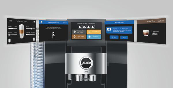 Kaffeemaschine mit Touchscreens, die Kaffeeoptionen anzeigen.