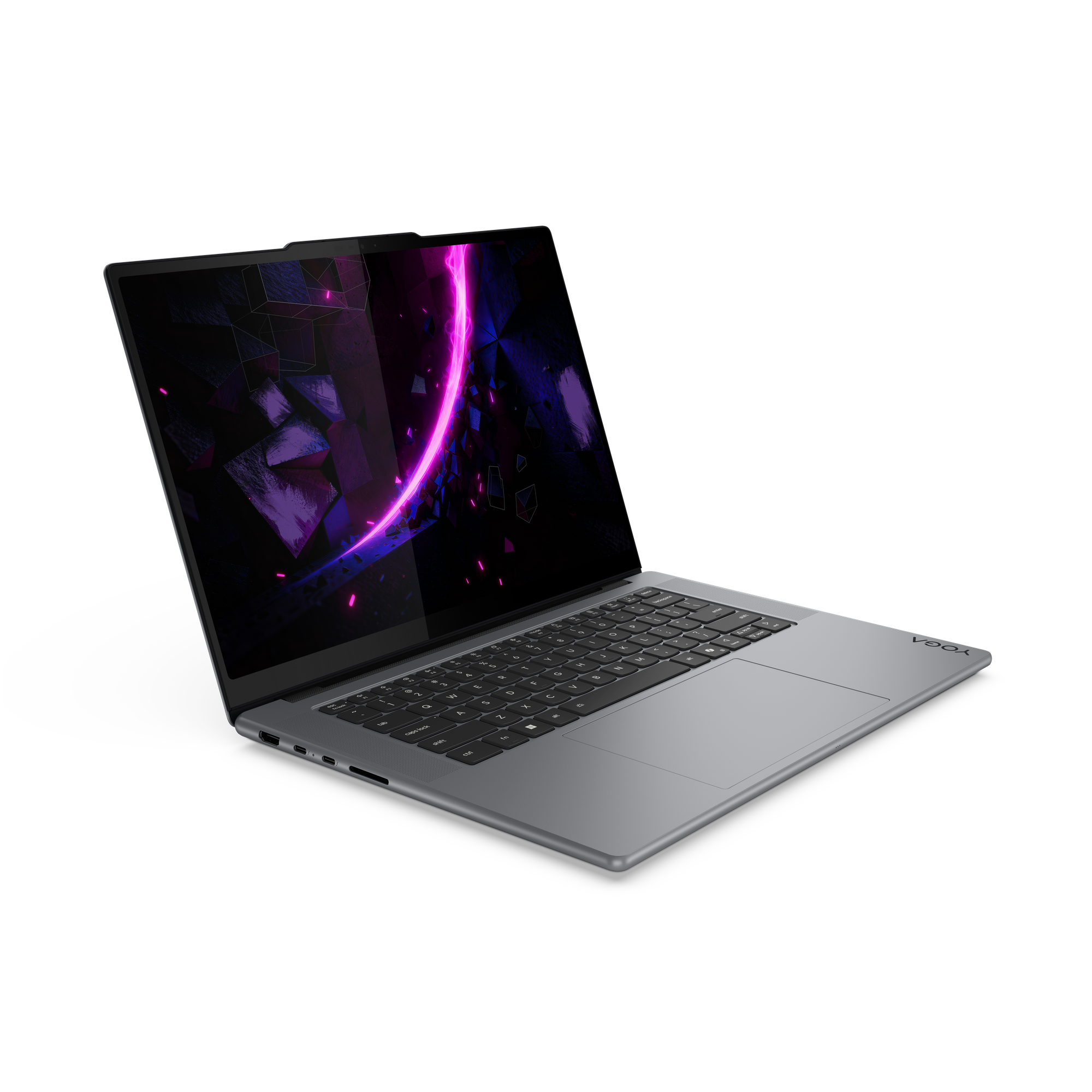 Ein offener Laptop mit silbernem Gehäuse und Tastatur. Der Bildschirm zeigt ein abstraktes Muster.