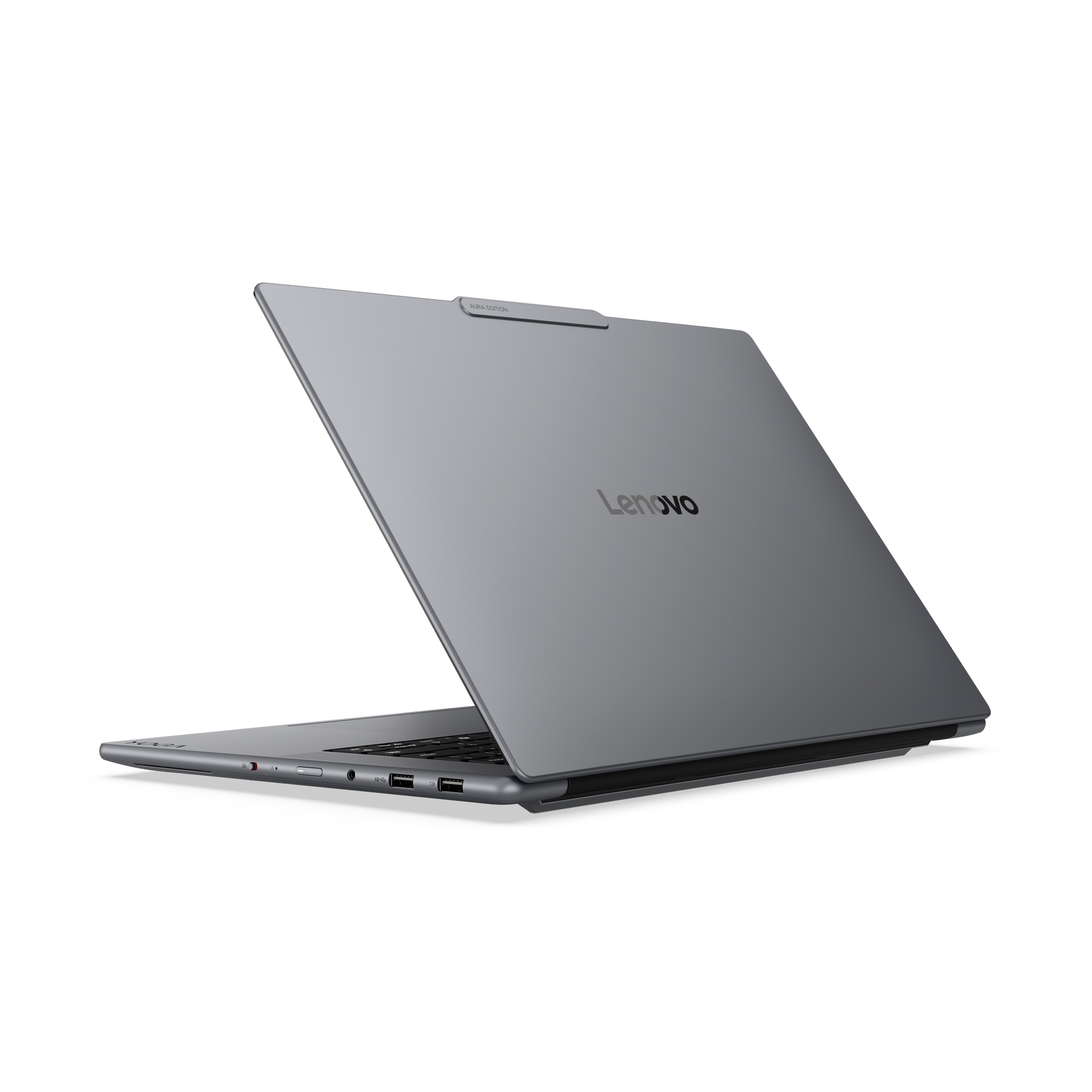 Ein graues Lenovo Laptop, teilweise geöffnet, mit Blick auf die Tastatur und Anschlüsse.