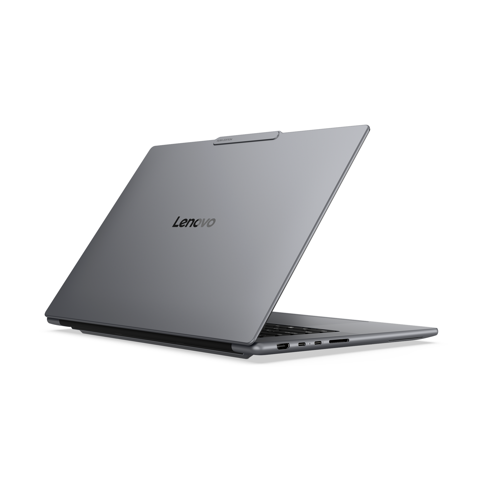 Ein geschlossener grauer Laptop mit Lenovo-Logo auf dem Deckel und Anschlüssen an der Seite.
