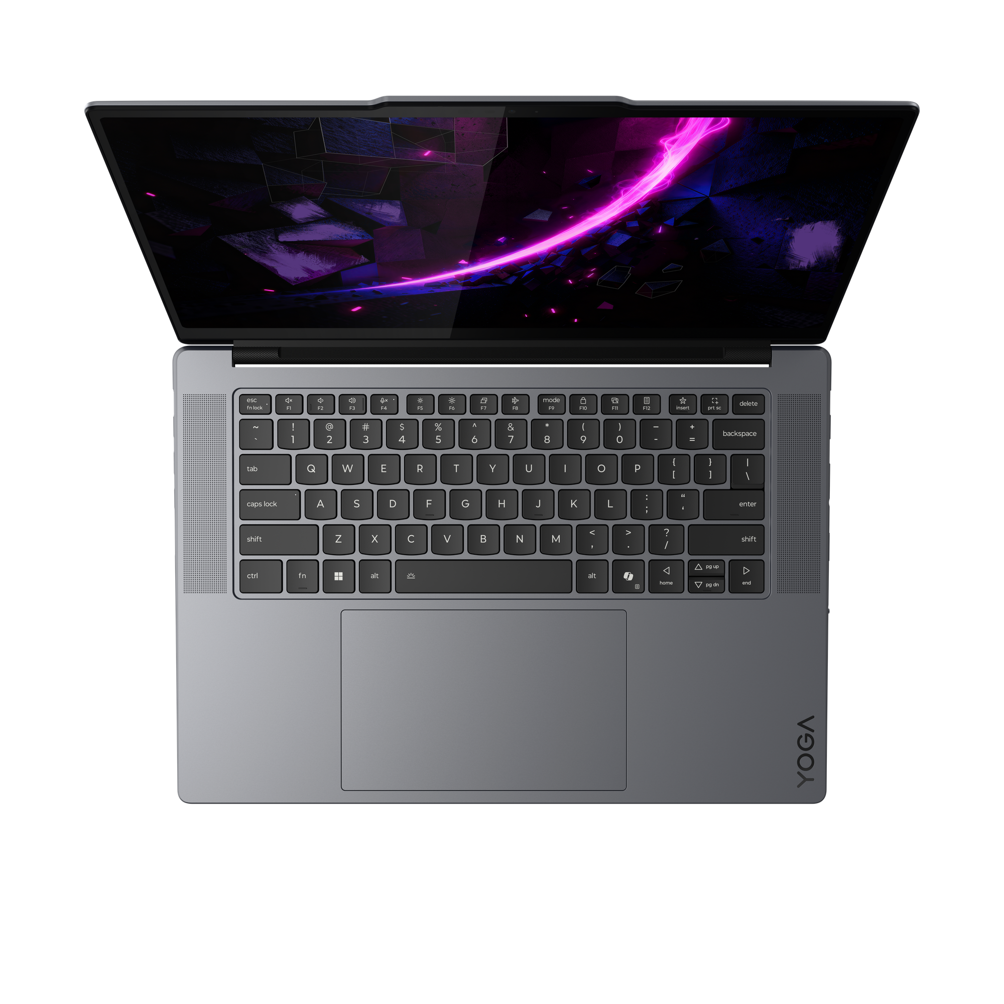 Grauer Laptop mit geöffnetem Bildschirm, der ein abstraktes violettes und blaues Muster zeigt.