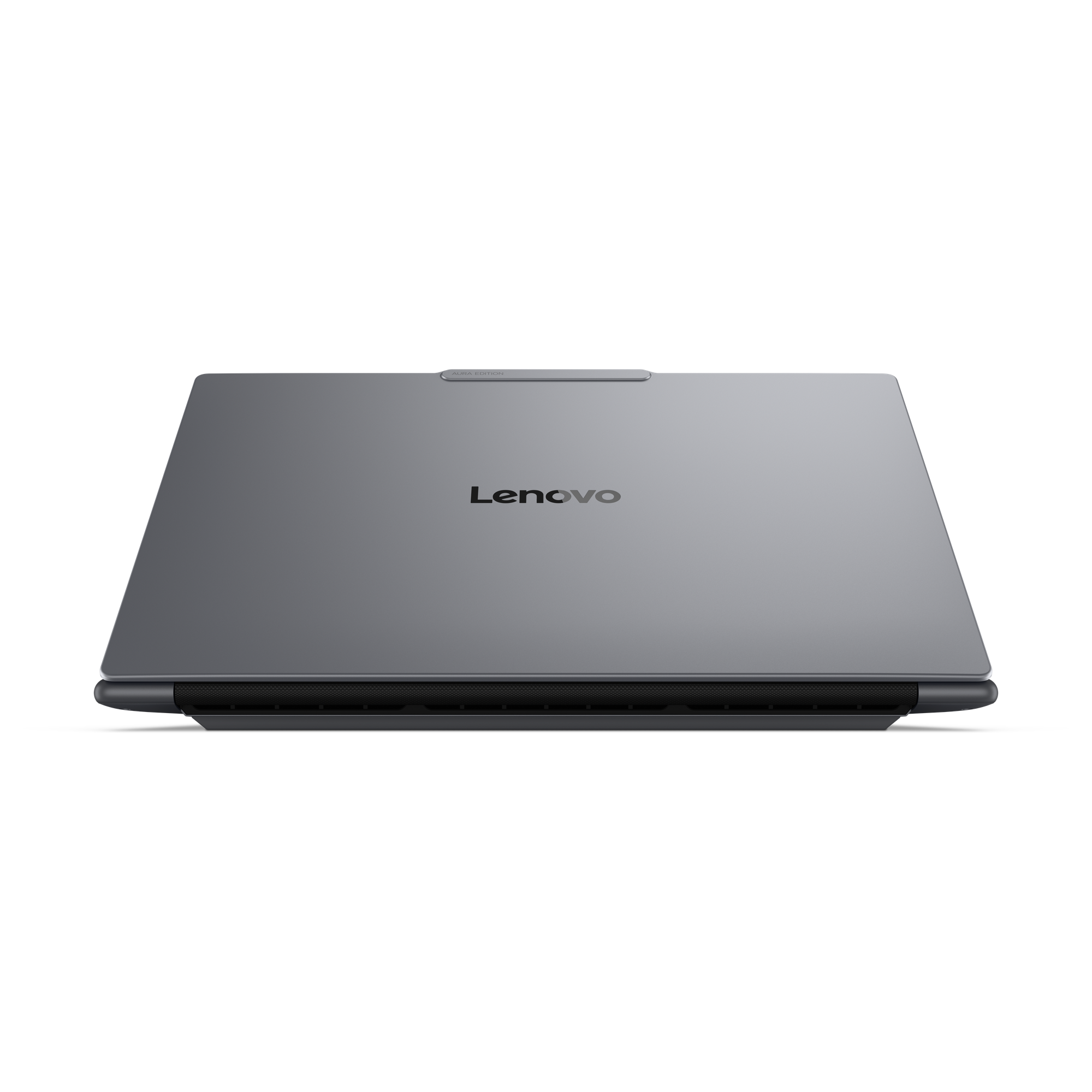 Geschlossenes graues Lenovo Laptop mit Aura Edition Schriftzug.