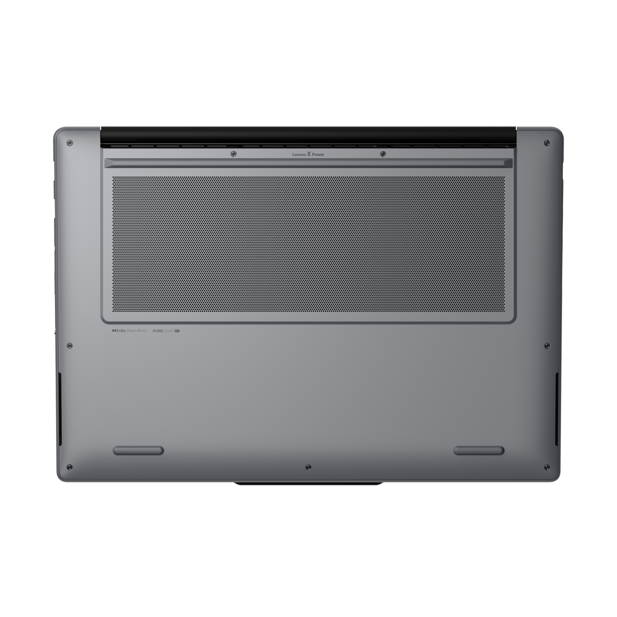 Unterseite eines silbernen Laptops mit Lüftungsgitter und Logo.