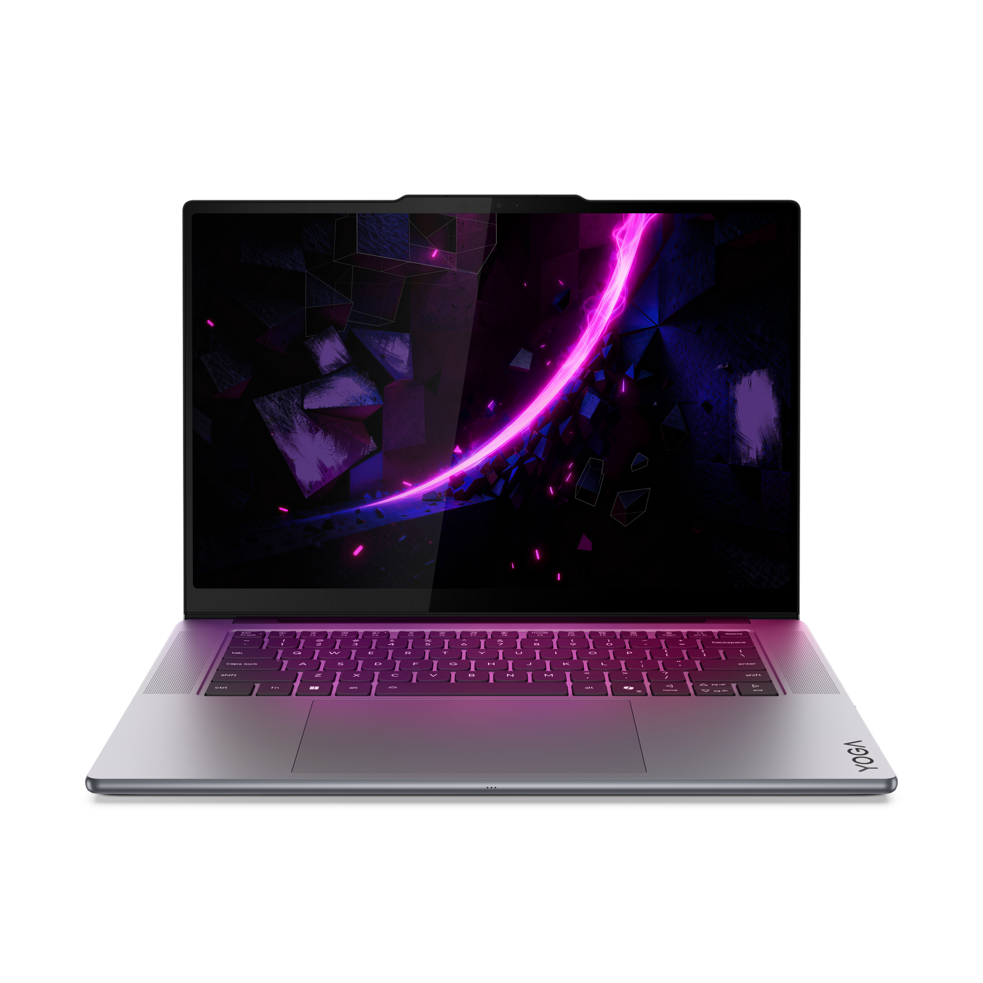 Ein geöffneter Laptop mit einem neonfarbenen, abstrakten Hintergrund und beleuchteter Tastatur.
