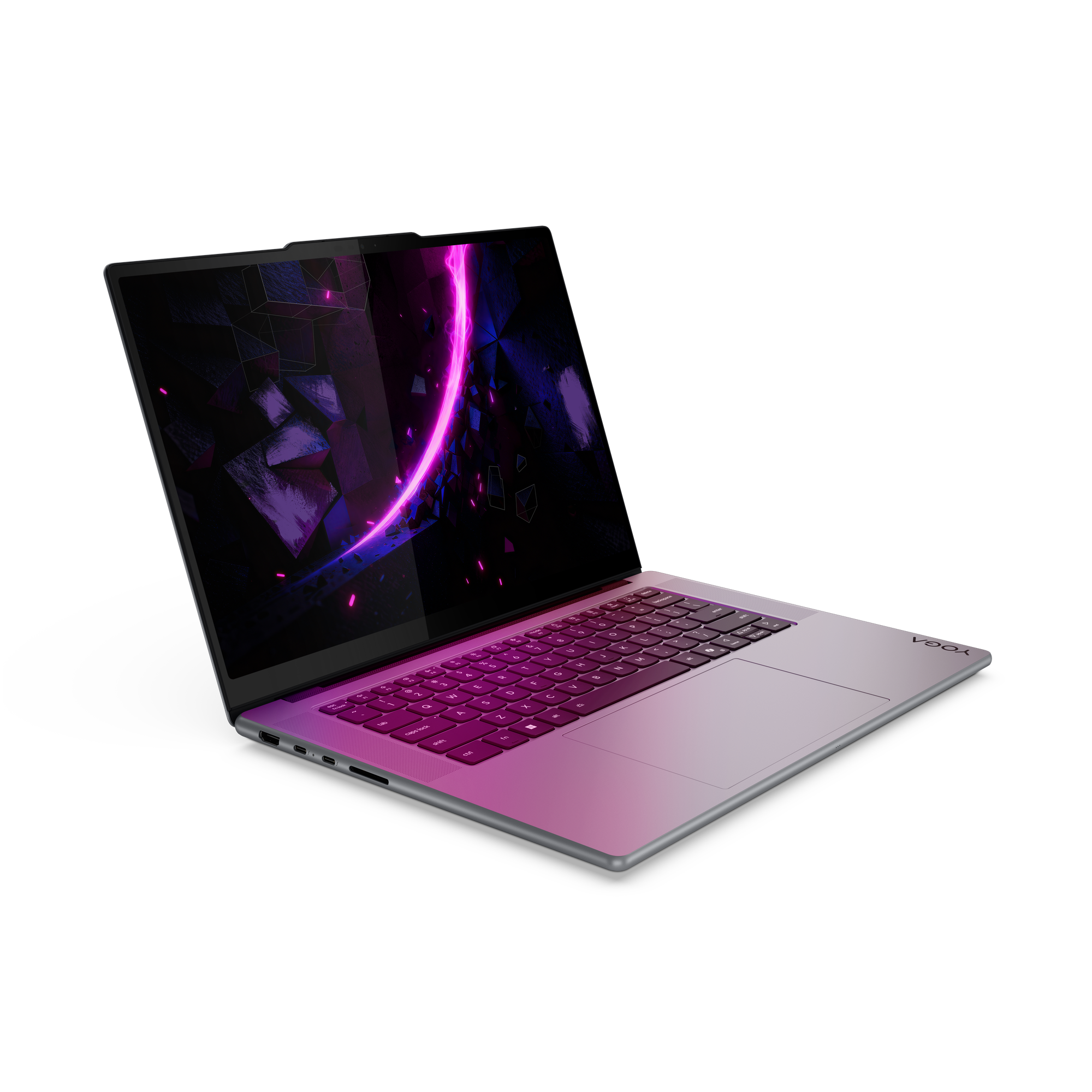 Ein geöffneter Laptop mit pinker Tastatur und abstraktem Hintergrund.