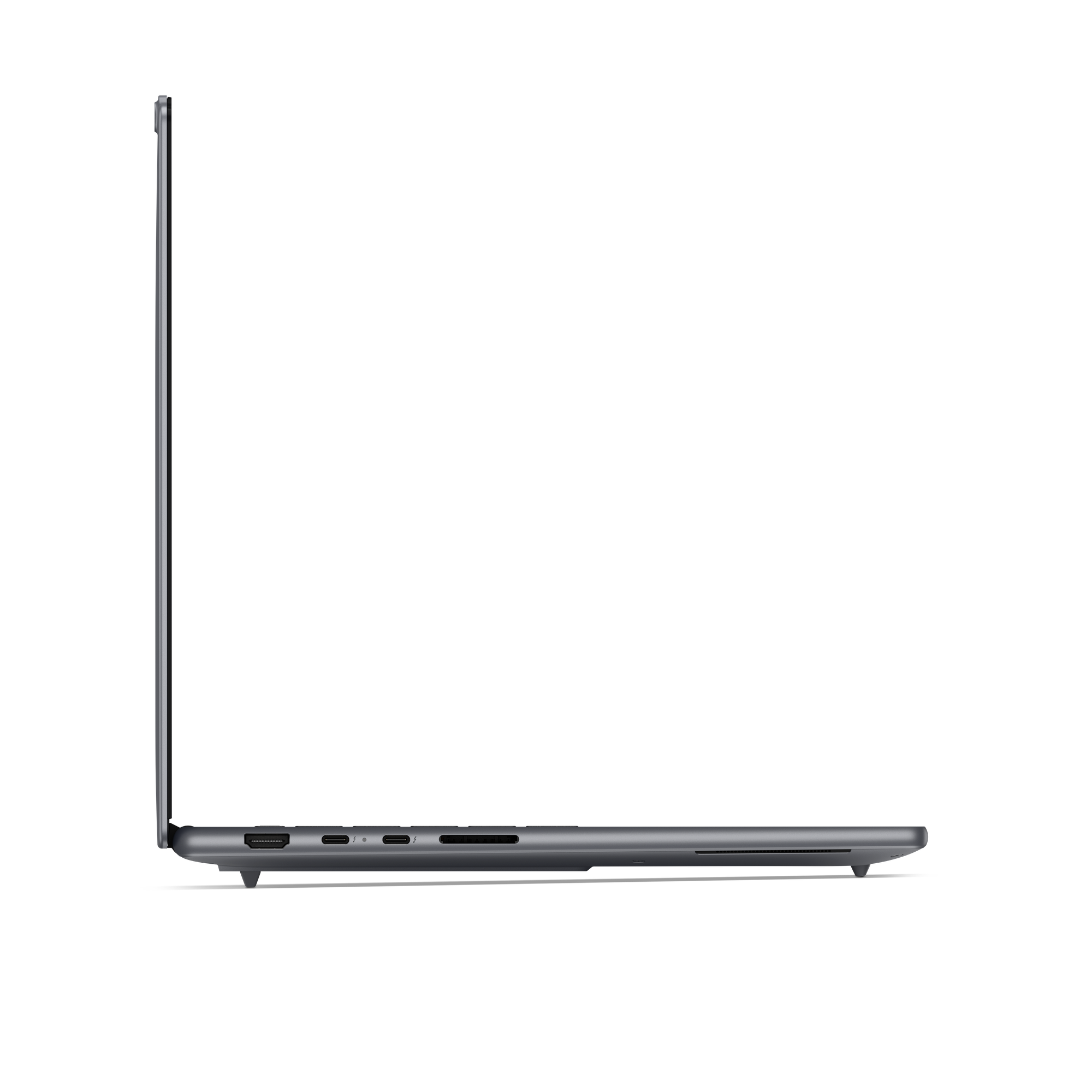 Seitenansicht eines geschlossenen silbernen Laptops mit Anschlüssen.