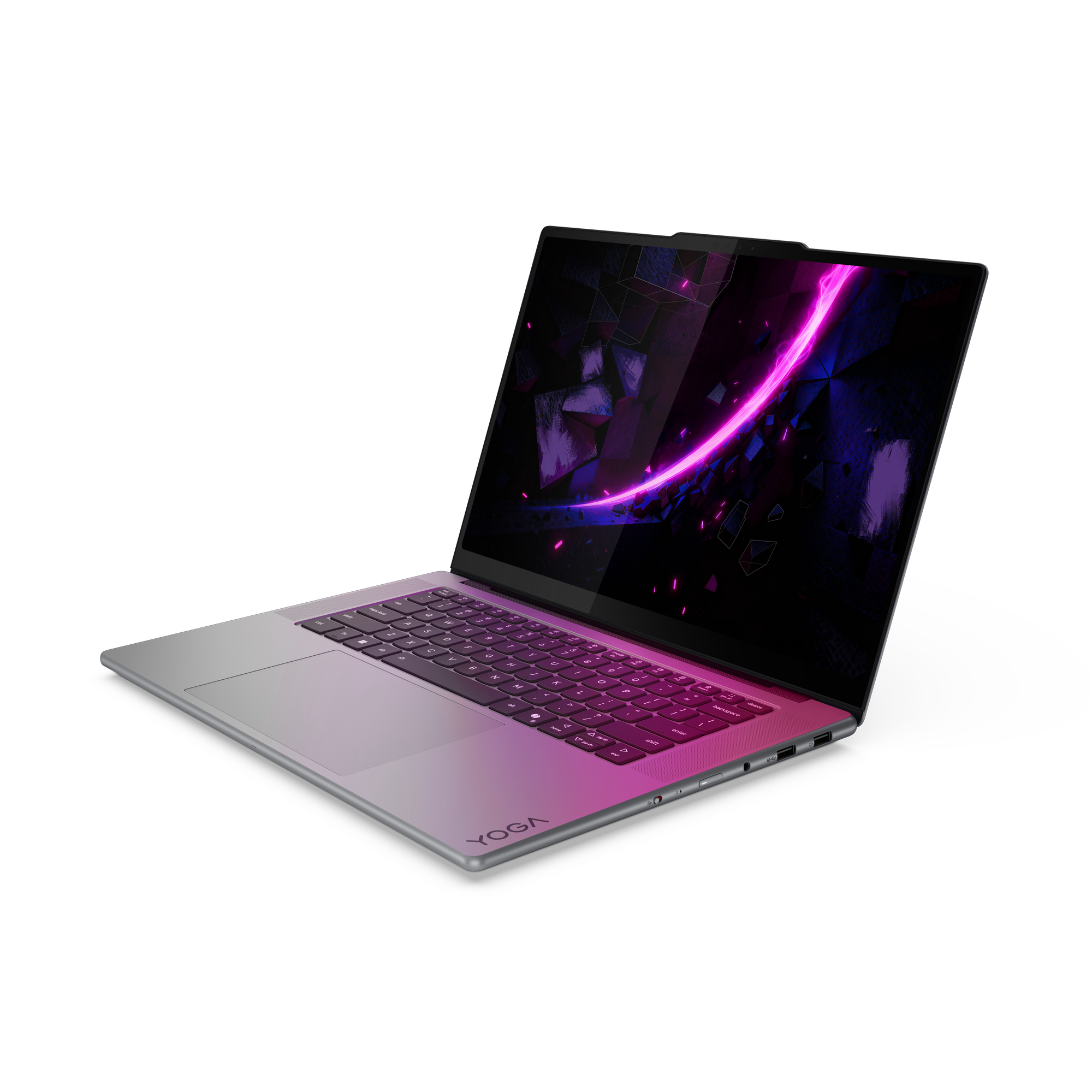 Ein geöffneter Laptop mit pinker und violetter Hintergrundbeleuchtung auf dem Bildschirm.