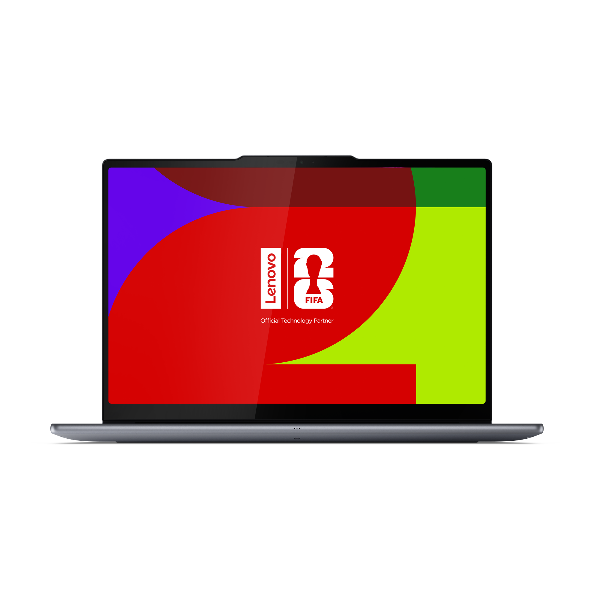 Ein Lenovo-Laptop zeigt ein buntes abstraktes Design mit FIFA-Logo.