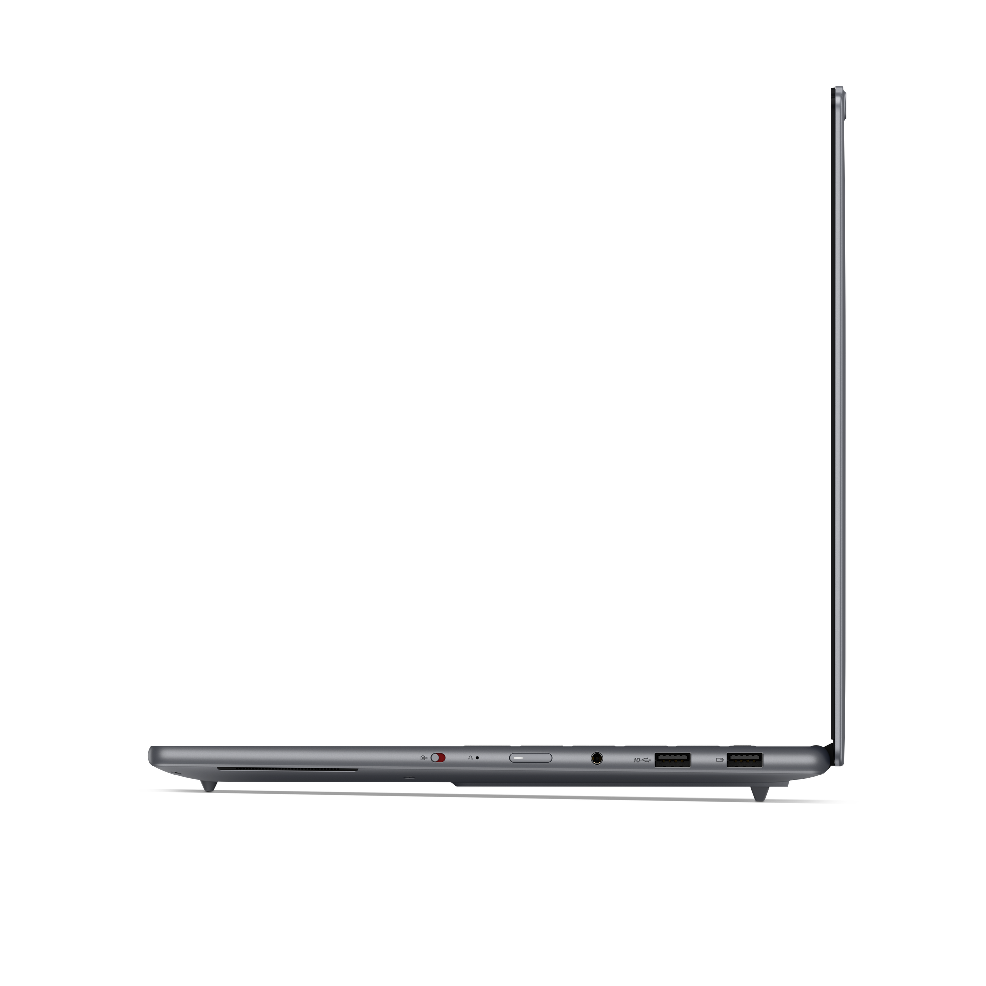 Ein silberner Laptop im Profil auf schwarzem Hintergrund mit Anschlüssen an der Seite.