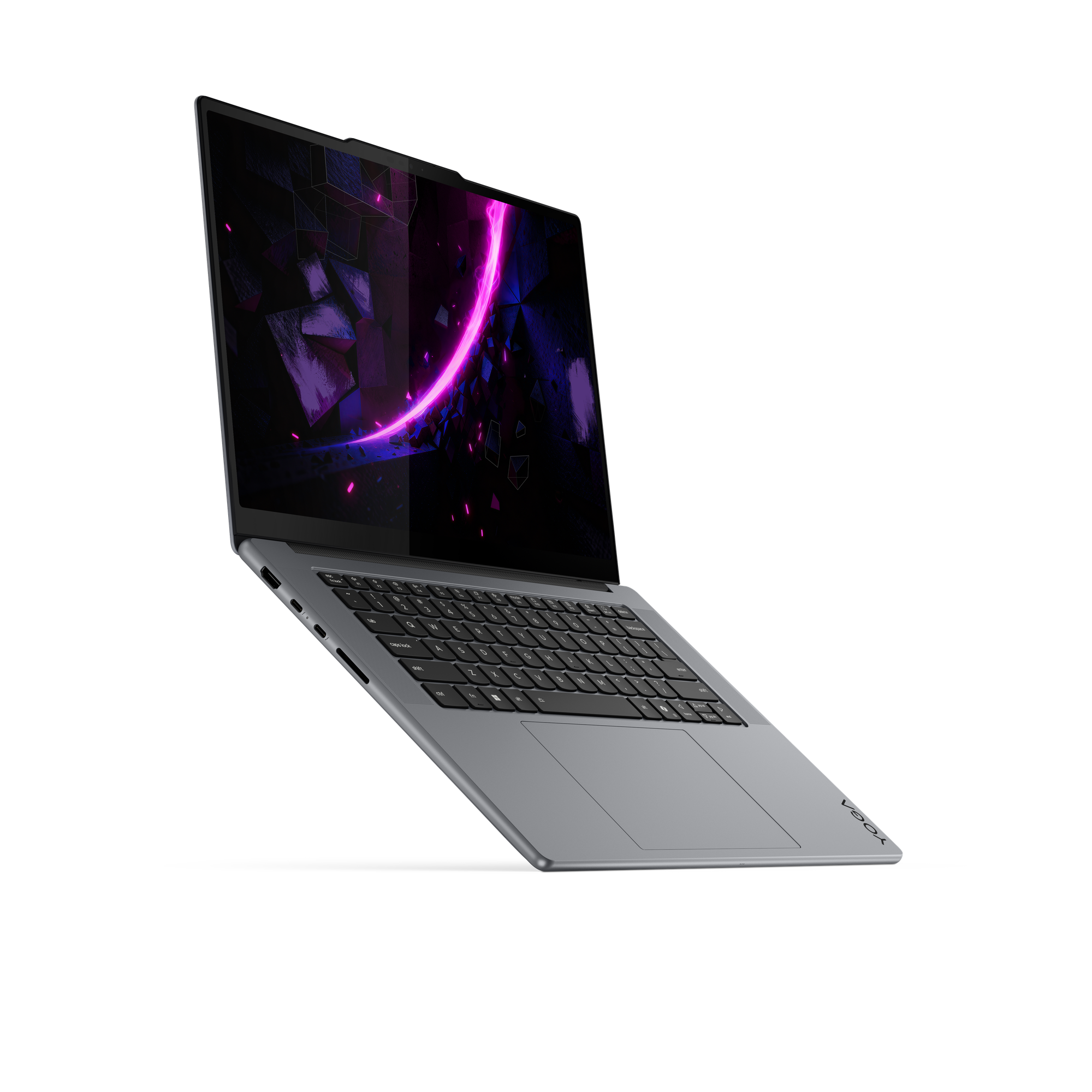 Ein silberner Laptop mit einem dunklen Bildschirm, der ein lila-blaues abstraktes Muster zeigt.