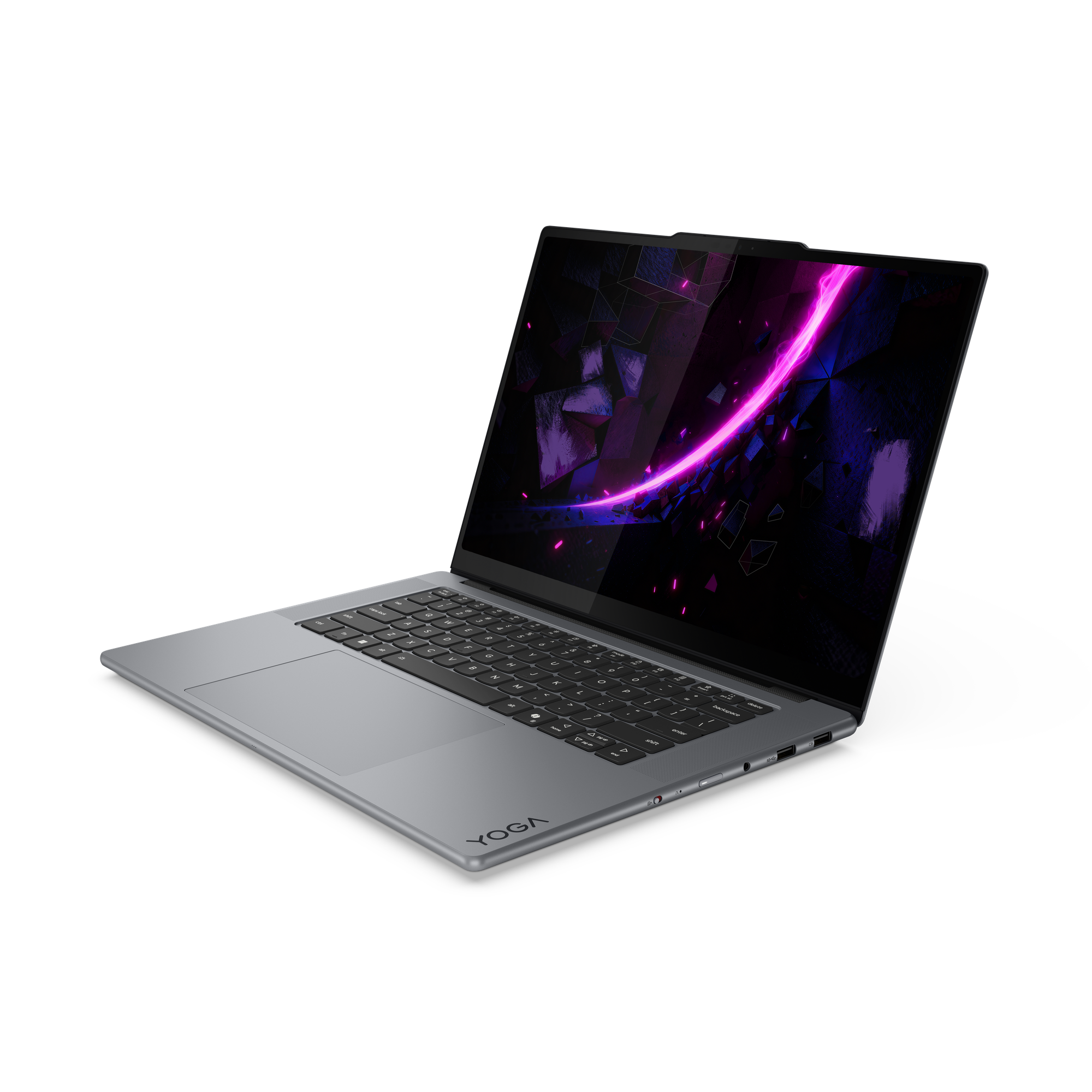 Ein offener silberner Laptop mit einem abstrakten, neonfarbenen Hintergrund auf dem Bildschirm.