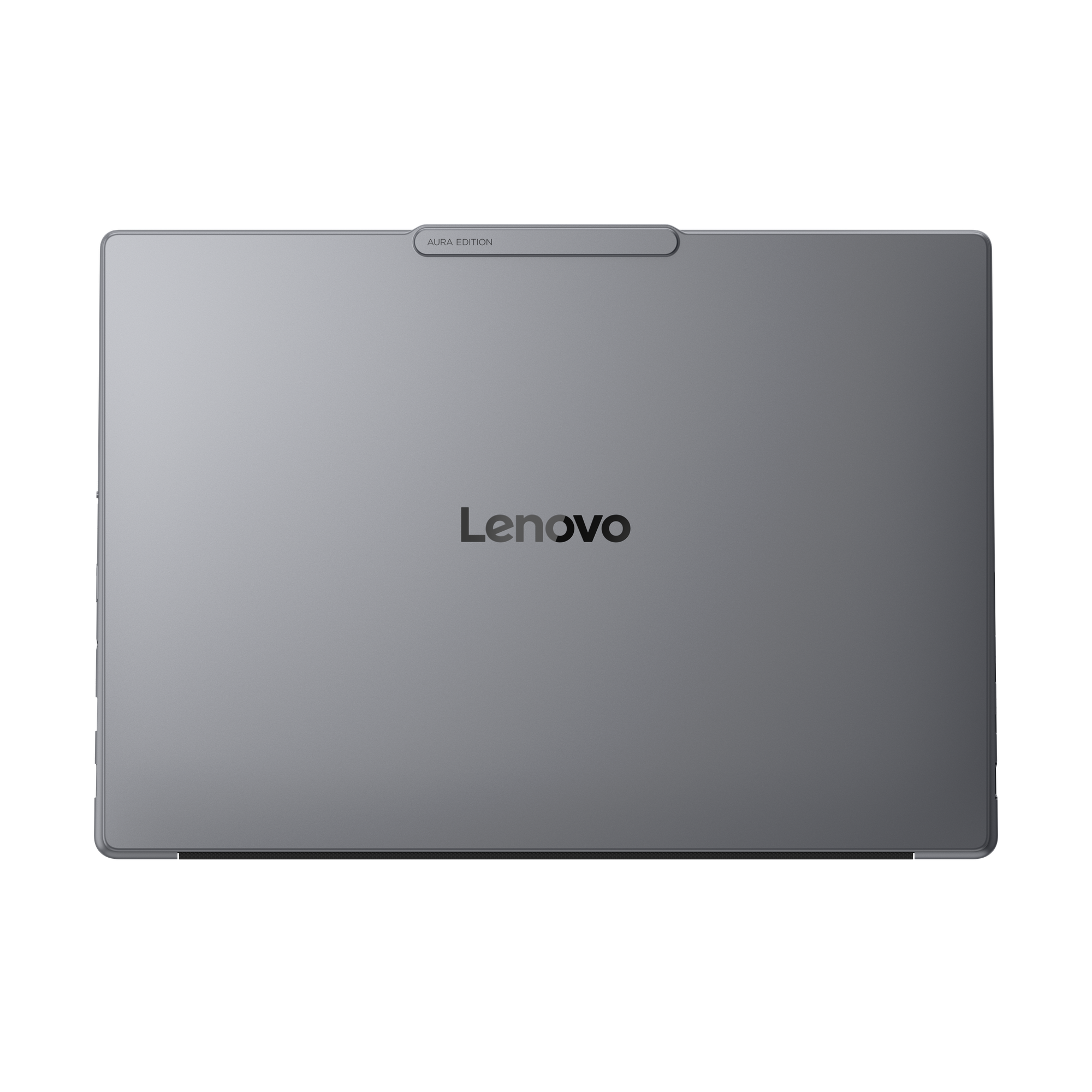 Ein graues Lenovo Laptop mit „AURA EDITION“ Beschriftung, von oben betrachtet.