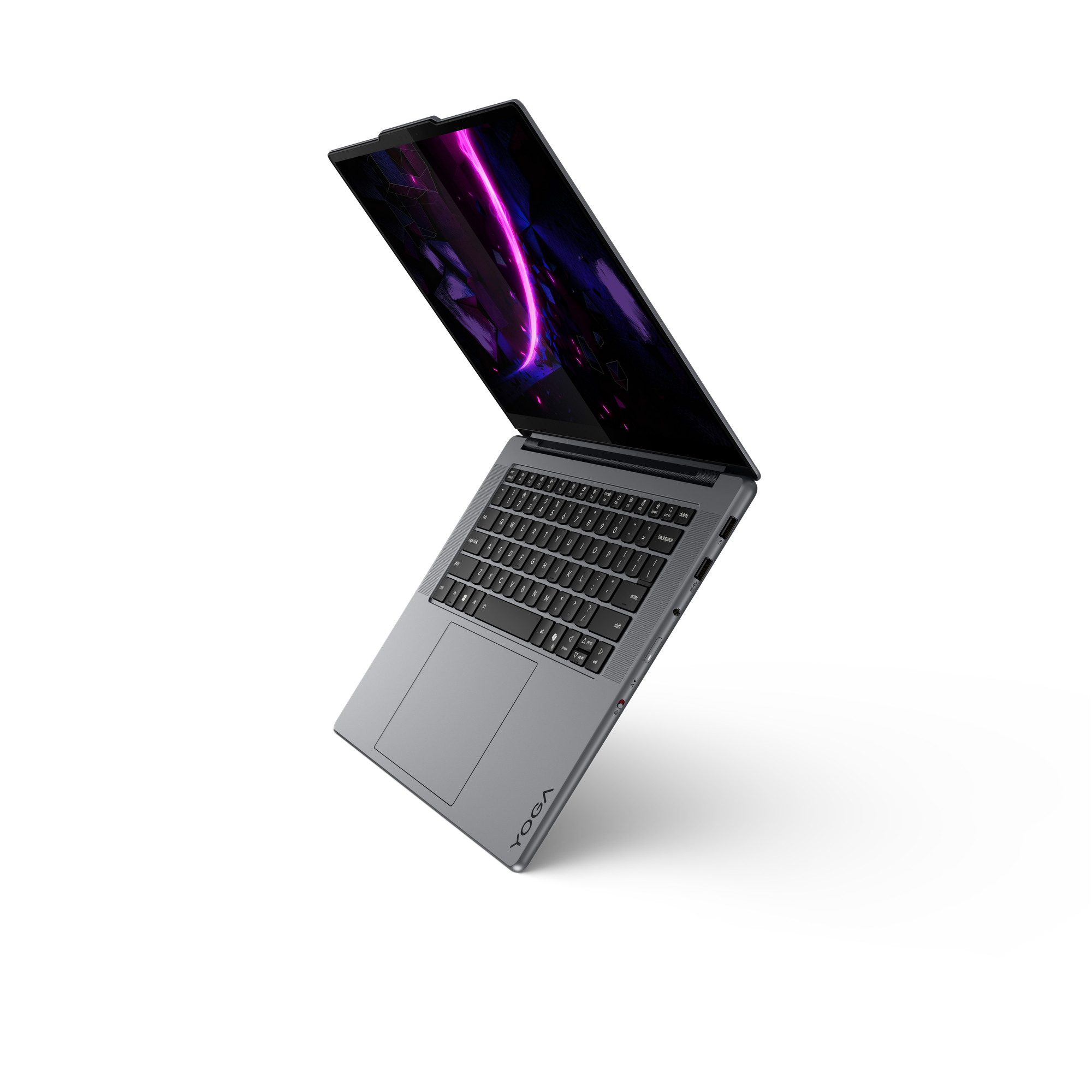 Ein silberner Laptop mit geöffnetem Bildschirm, der ein lila Muster zeigt.