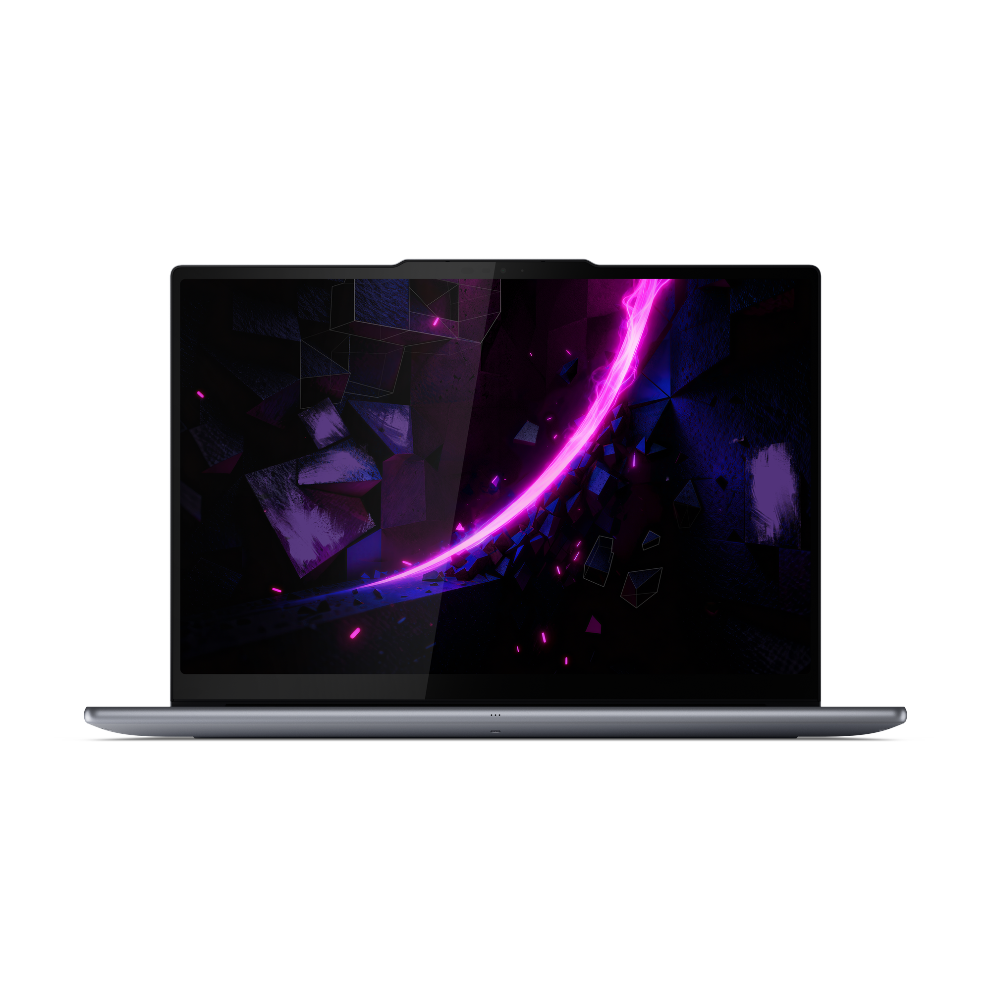 Ein Laptop mit einem abstrakten, neonfarbenen Hintergrund auf dem Bildschirm.