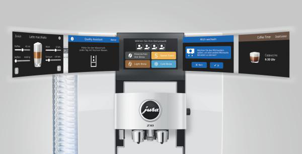 Kaffeemaschine mit Touchscreen-Menüs für Latte Macchiato, Quality Assistant und Kaffeeauswahl.