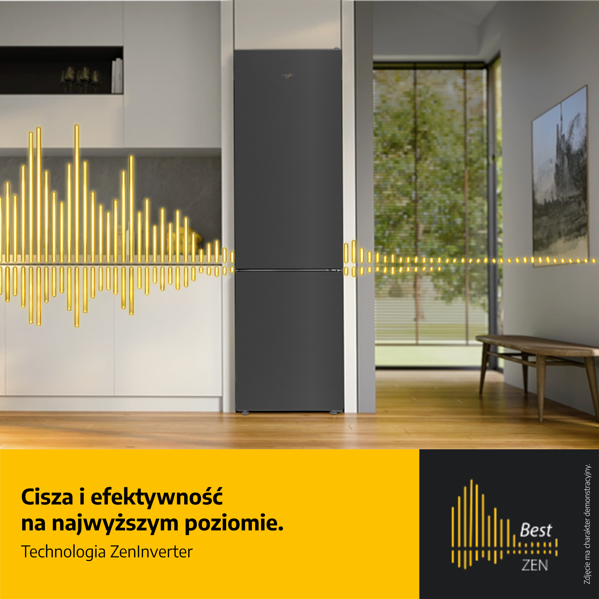 Ciemna lodówka w nowoczesnej kuchni z żółtymi grafikami fal dźwiękowych.