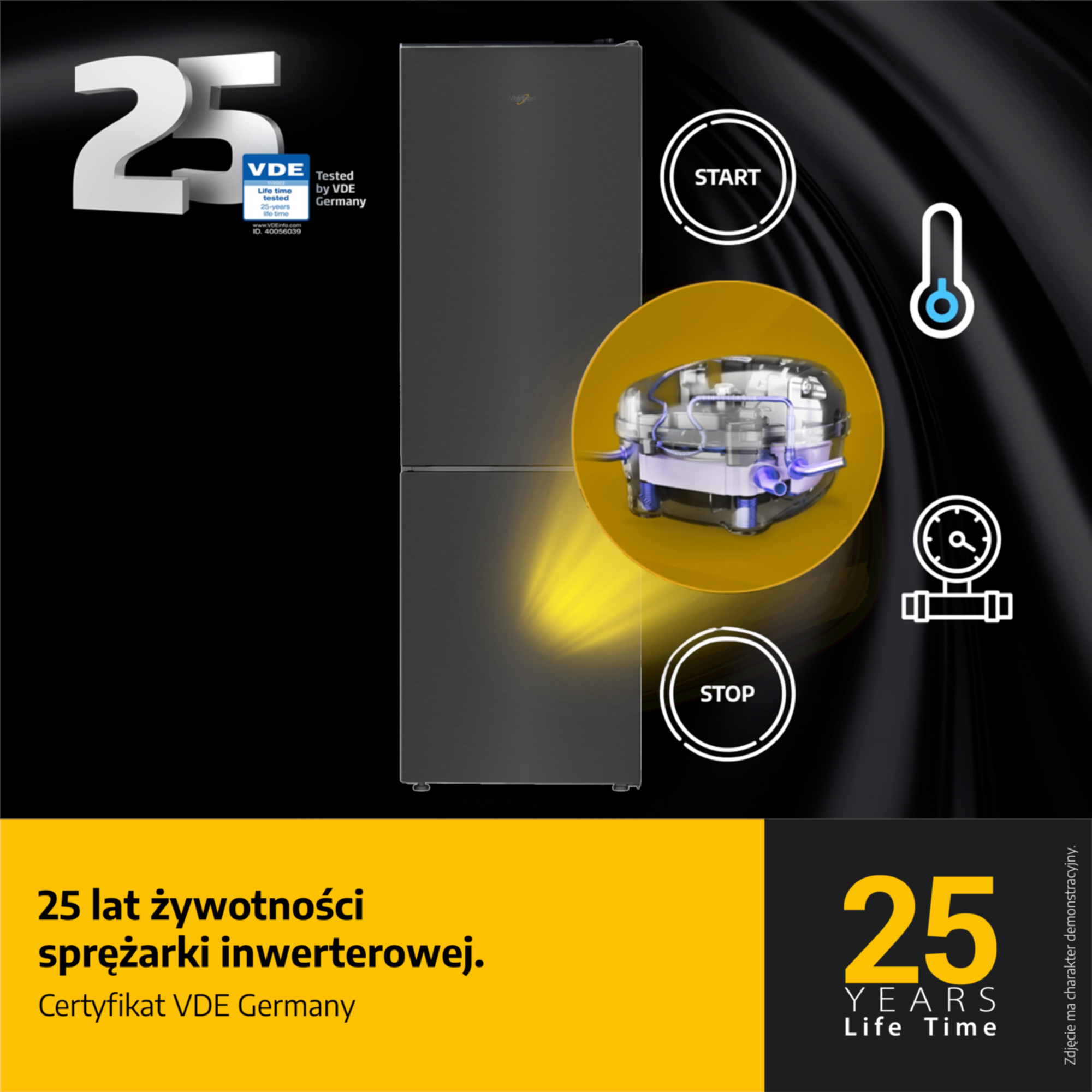 Lodówka z certyfikatem VDE i logo "25 lat żywotności".