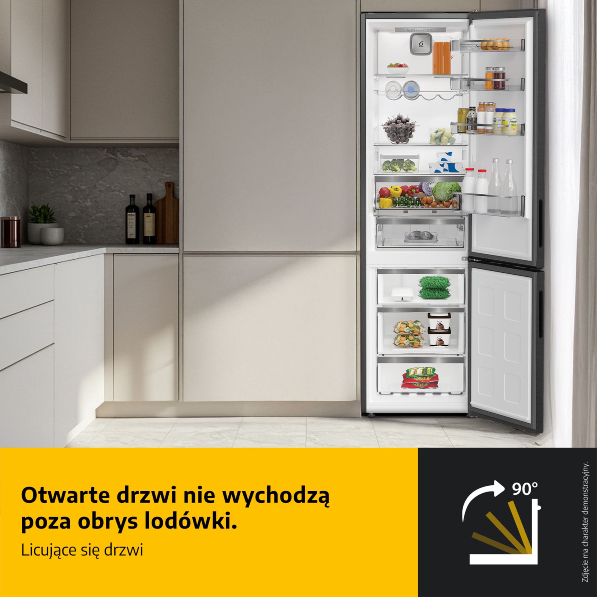 Otwarte drzwi nie wychodzą poza obrys lodówki. Drzwi licujące się.