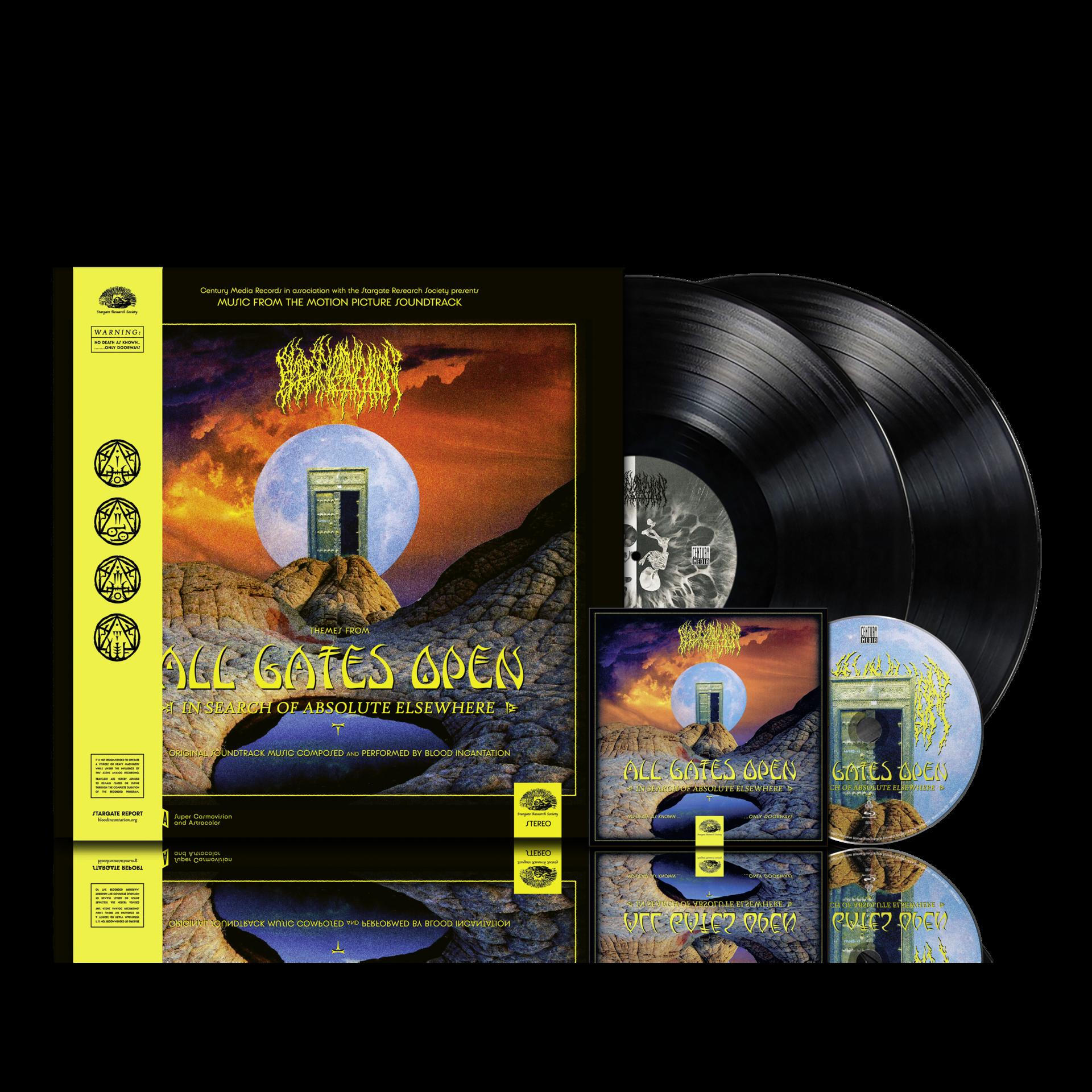 Musik-Soundtrack-Box mit Schallplatten und CD. Ein Tor auf felsigem Gelände unter einem Vollmond.