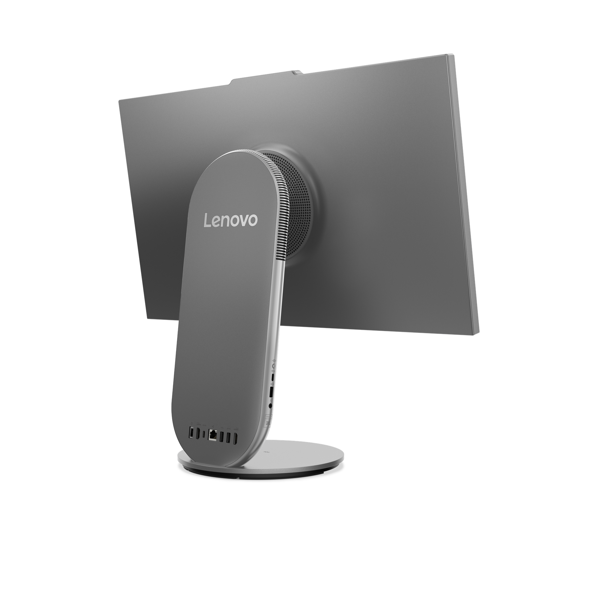 Rückseite eines grauen Lenovo All-in-One-Computers mit Anschlüssen.