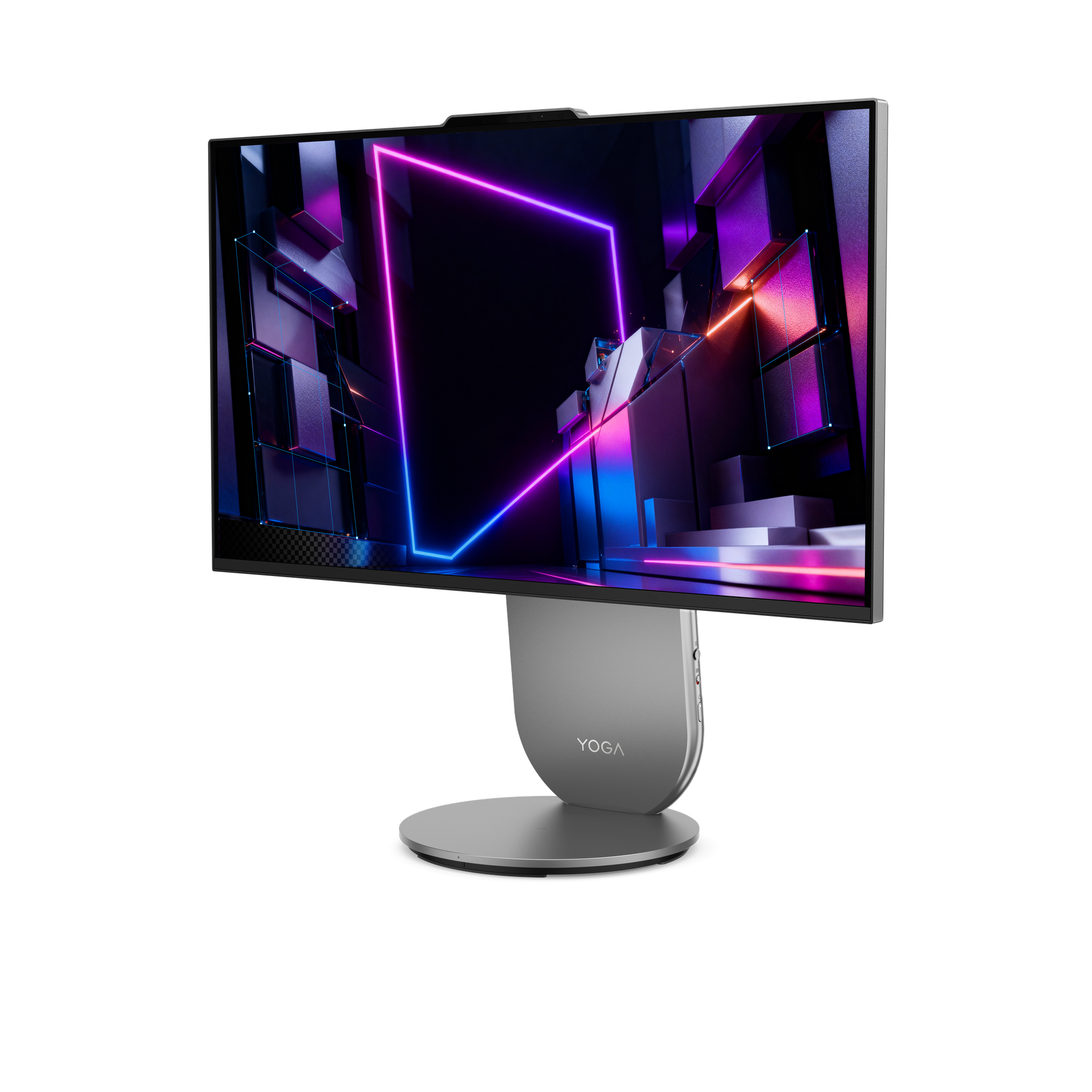 Ein Monitor mit einem abstrakten, neonbeleuchteten Hintergrund. Die Basis ist silbern.