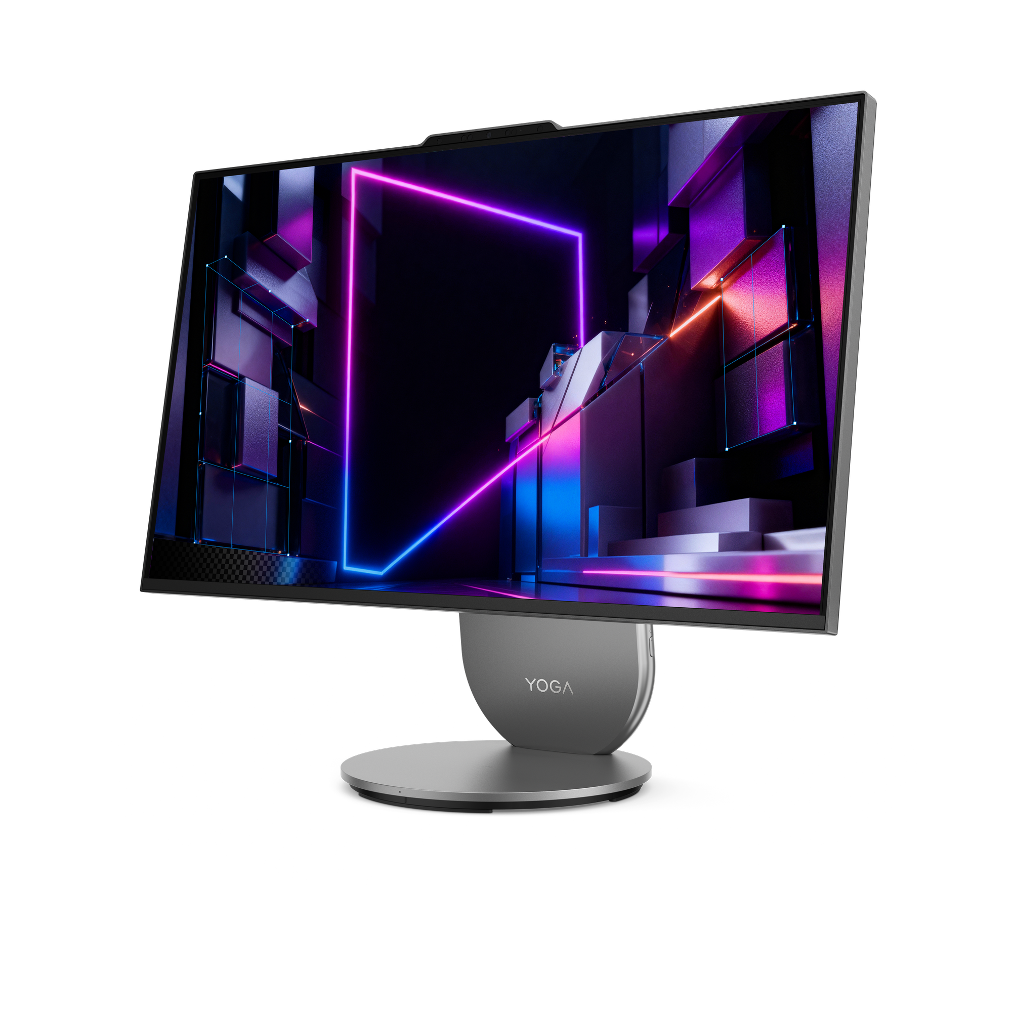 Ein moderner Monitor mit abstraktem, neonbeleuchtetem Hintergrund.